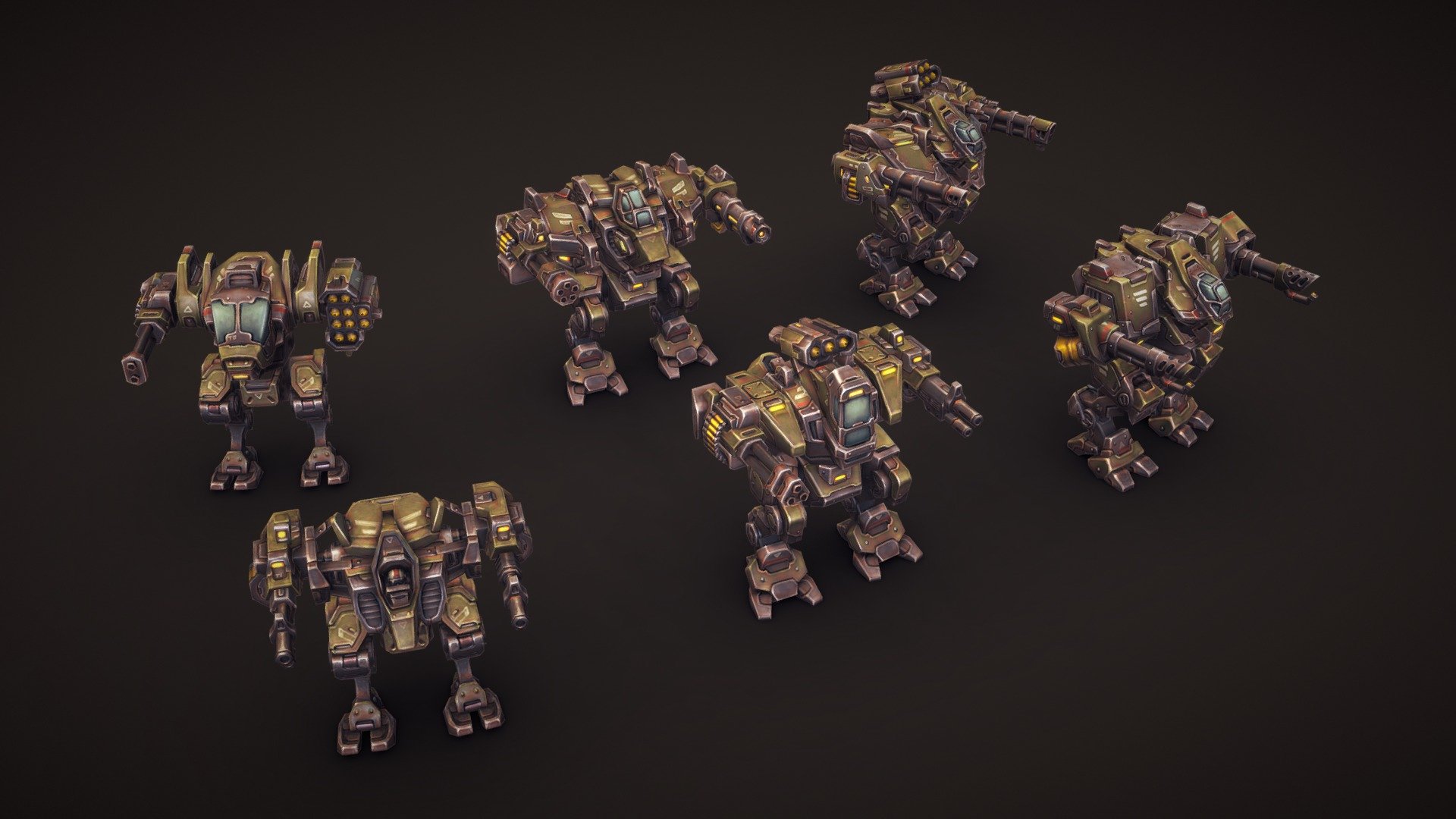 Other previews of this package:
Assault Mech, 
Inquisitor

The package contains over 60 different modules, that will allow you to create numerous combinations of animated and ready to fight mechs and vehicles. The poly count of units varies from 1.3k to 2.1k tris. The textures vary from hand painted 4k diffuse atlas, which looks good even unlit, to the set of PBR maps. 

Parts: 


3 types of Legs 
9 Shoulders 
5 Cockpits 
4 Backapcks 
Bonus: Flying units (5 levels) 

Weapons: 


Machneguns (5 levels) 
Miniguns (5 levels) 
Cannons (5 levels) 
Lasers (5 levels) 
Flamethrowers (5 levels) 
Rockets (10 levels) 
Shoulder mounted Rockets (4 levels) 
Rocket missile

Animations: 


Idle 
Walk 
Turn while walking 
Run 
Turn while running 
Jump 
Death (fall) 
Turn on place
 - Mech Constructor: Light and Medium Robots - 3D model by Slava Z. (@slava) 3d model