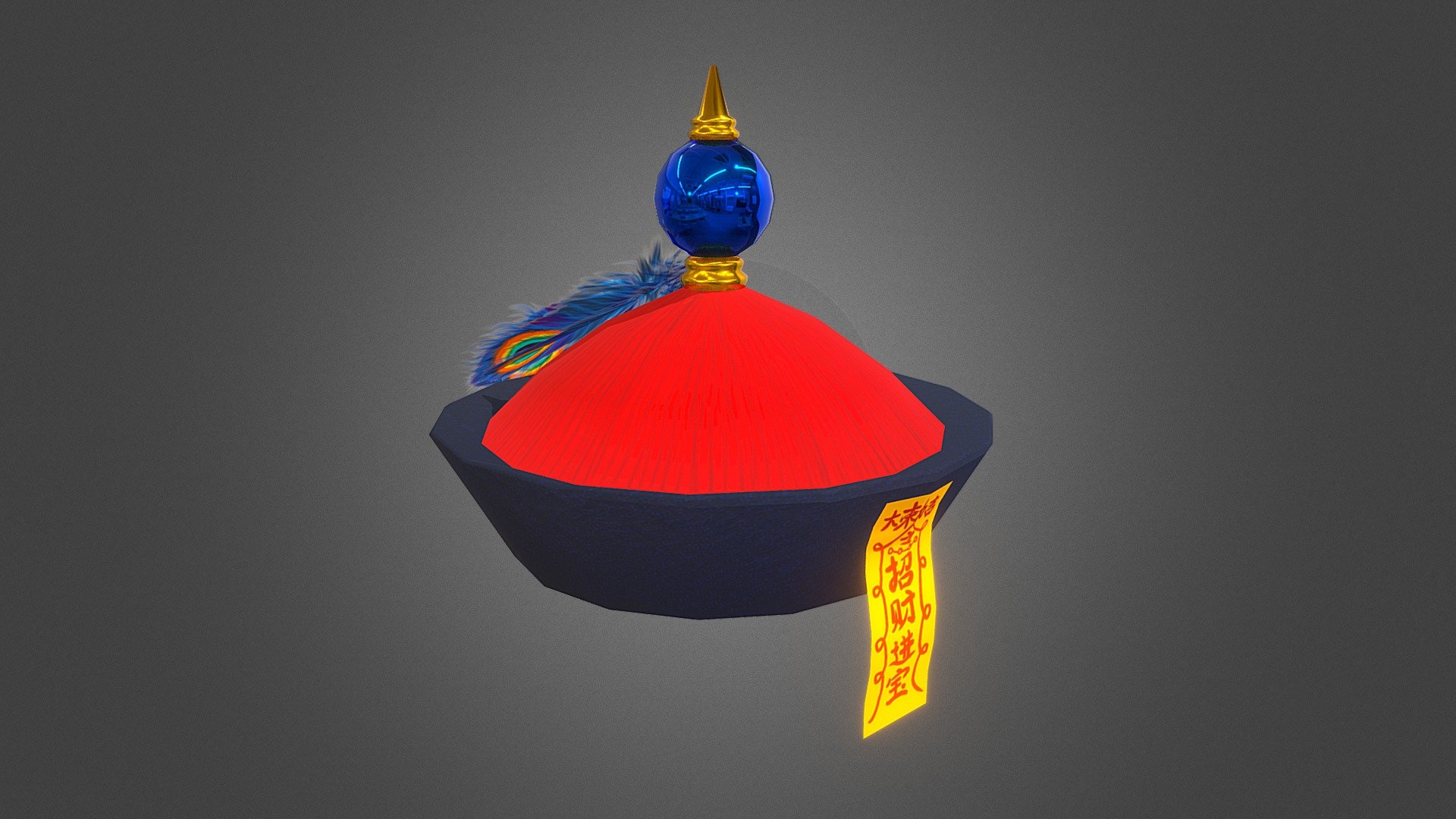 This is a Chinese-style zombie hat I made using Blender.

Its material consists of five PBR textures: BaseColor, Metalness, Roughness, Normal, and Opacity.

It can be directly imported into a game engine and render excellent resultsa immediately 3d model