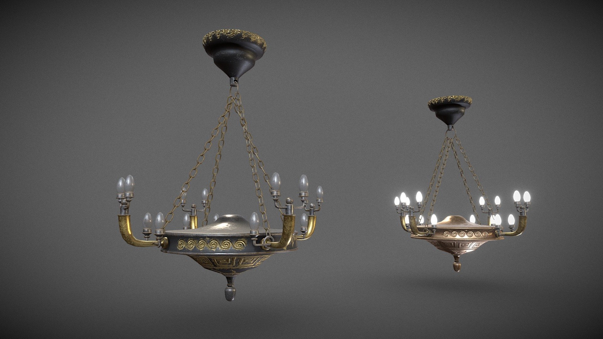 A couple of victorian style chandeliers, one is black and gold with light off, the other is bronze with lights on.   

You can also remove the lights if you want to exchange them for candles or just leave it empty.

PBR textures @4k 3d model