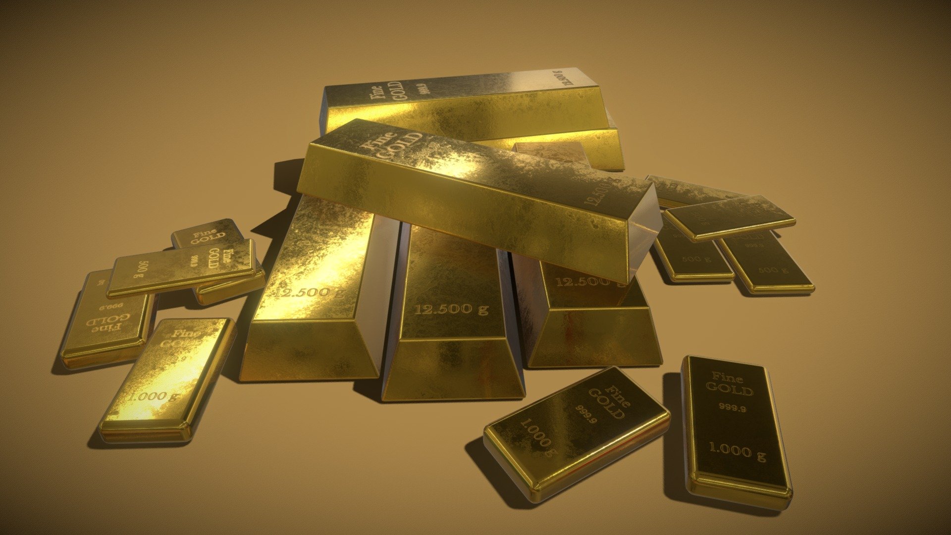 This is a bunch of gold, the kind that every bank robber dreams of. Don't let the dragon sickness get to you!

These low poly gold bars consist of three weight types: 12,5kg, 1kg and 500g. All of them are accurate to real life gold bar sizes.
Enjoy! - Gold bars - 3D model by Glimmer (@Glimmerstone) 3d model