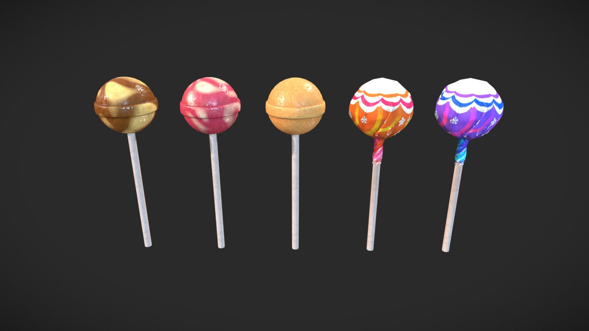 Lollipop model with: 

- 3 color variation

- 2 color wrapped variation

- 2 LOD versions

- Blend, FBX &amp; OBJ formats 3d model