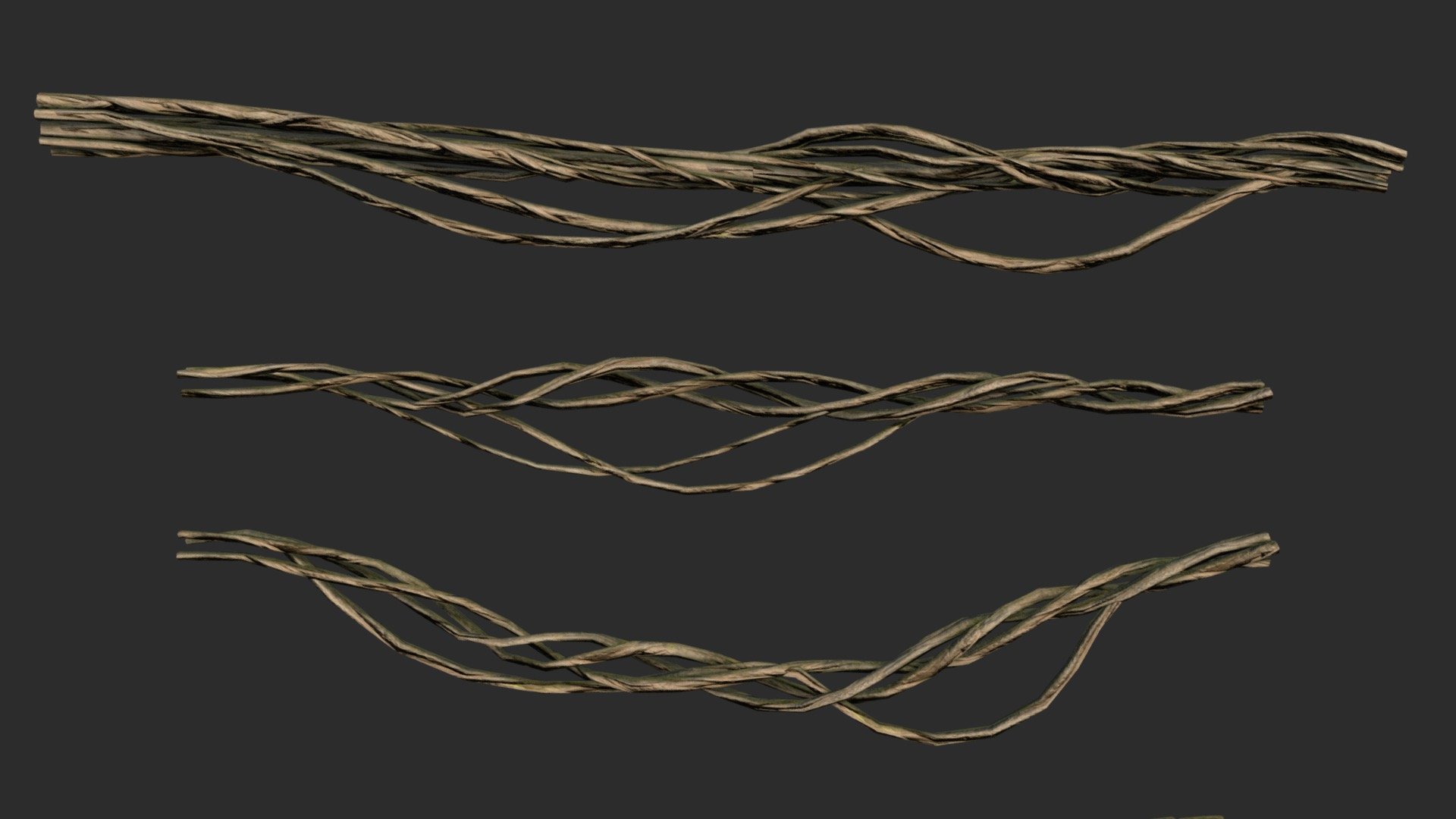 This root braided vines set is a game ready prop including 4 LODs and colliders for 4 individual objects.

This root jungle creepers set can be used in any forest or tropical environments.

The asset is available in realistic style and can be used in any game (post-apo, first person shooter, GTA like, adventure… ). All objects share a unique material for the best optimization for games.

Those AAA game assets of roots will embellish you scene and add more details which can help the gameplay and the game-design.

Low-poly model &amp; Blender native 3.0

SPECIFICATIONS


Objects : 4
Polygons : 3508
Render engine : Eevee (Cycles ready)

GAME SPECS


LODs : Yes (inside FBX for Unity &amp; Unreal)
Numbers of LODs : 4
Collider : Yes

EXPORTED FORMATS


FBX
Collada
OBJ

TEXTURES


Materials in scene : 1
Textures sizes : 4K
Textures types : Base Color, Metallic, Roughness, Normal (DirectX &amp; OpenGL), Heigh &amp; AO (also Unity &amp; Unreal ARM workflow maps)
Textures format : PNG
 - Root braided Vines Set - Buy Royalty Free 3D model by KangaroOz 3D (@KangaroOz-3D) 3d model