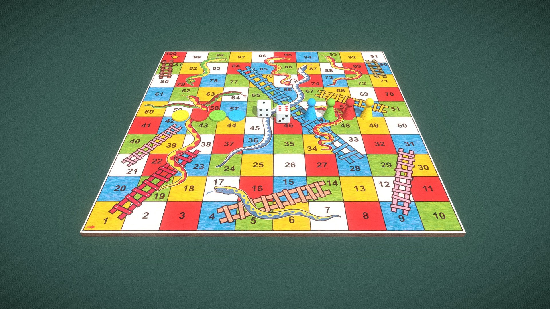 A simple and beautiful 3D model of Snakes and Ladders board game which is one of the most played board games alongside ludo.

Separate models for Board, Dice and Pieces(Coin &amp; Pawn) are provided. Board is made of wood. Use the set for decoration, gameplay, or any other way you like in your virtual environment. All textures are very high quality with 2K resolution. All polygons are quads and tris and no N-Gons are used in geometry during production.



Key Features:




Minimum possible poly-counts

Separate model for Board, Dice and Pieces

Single Mesh &amp; Material for each model

2 Types of Pieces - Coin &amp; Pawn

Real-world scale

No N-Gons

Non-overlapping Unwrapped UVs

High quality 2K resolution textures



Model Information :




Vertices (Board, Dice, Coin, Pawn): 1,592 (172, 296, 386, 738)

Triangles (Board, Dice, Coin, Pawn): 3,168 (340, 588, 768, 1472)

UV Mapped: Yes(Non-Overlapping)



Textures :




BaseColor

AO

Metallic

Roughness

MetallicSmoothness

Normal
 - Snakes and Ladders - Buy Royalty Free 3D model by Game Art Universe (@gameartuniverse) 3d model