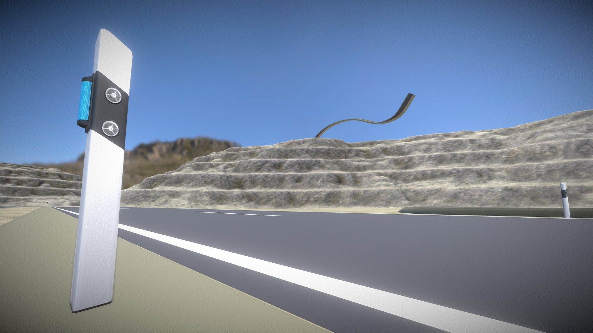 Here is an editable road with array and curves setup for use in Blender.




360° Video Testrender (Blender-3.2 Cycles)

You can easily create driving routes with it. 
The delineators and this simple test environment are included.


Parts:


Object Name - Test_Landscape_2 
Object Dimensions -  2139.891m x 2139.910m x 96.223m
Polygons = 355859



Object Name - Road_Delineators 
Object Dimensions -  0.114m x 0.138m x 1.235m
Polygons = 218



Object Name - Road_with_Delineators 
Object Dimensions -  52.512m x 14.562m x 3.029m
Polygons = 700


This product was created by 3DHaupt in Blender-3D 3d model