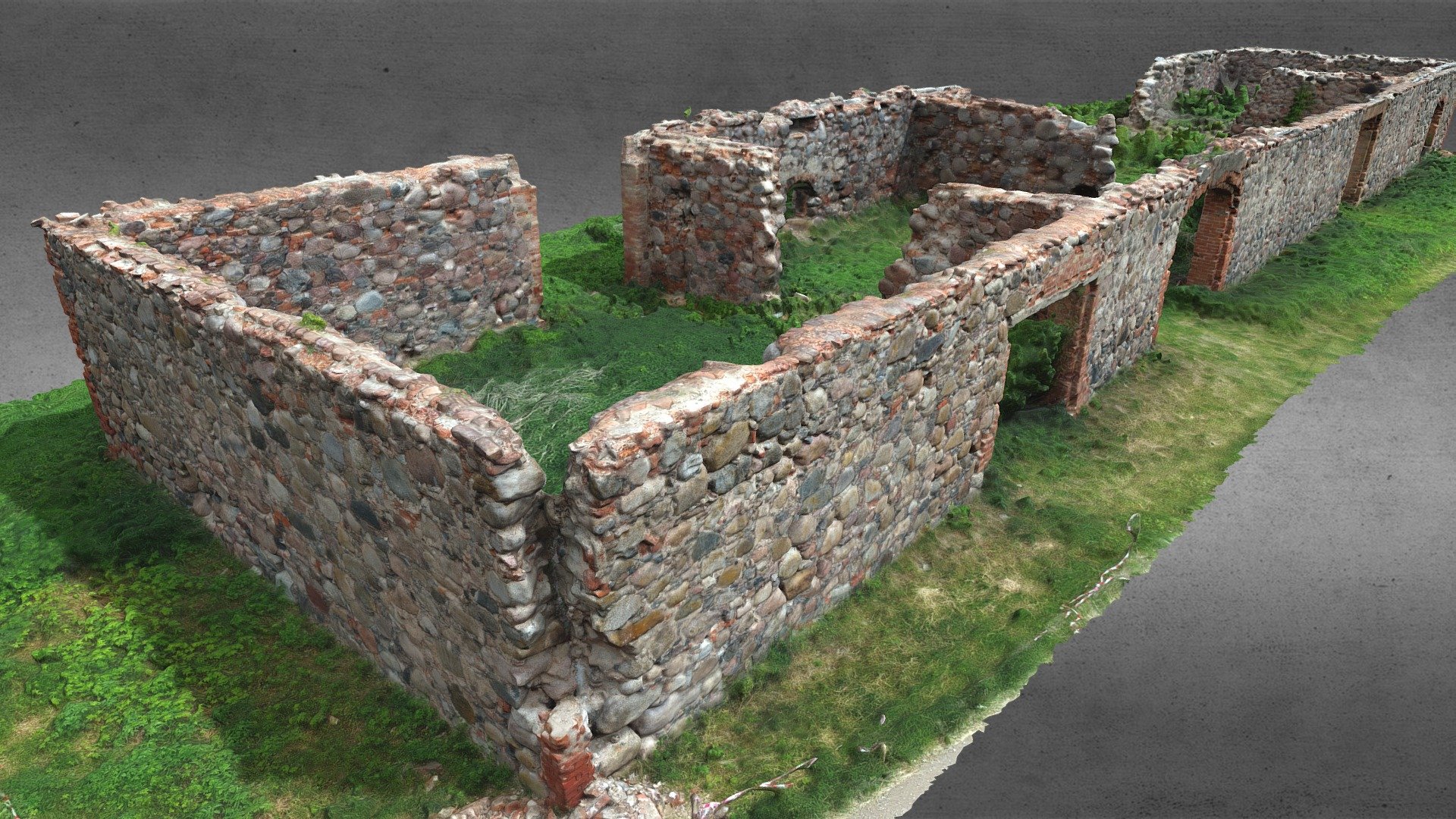 Old, beautiful, derelict, abandoned stone ruins in Latvian countryside. 
Overgrown with grass, bushes and trees 3d model