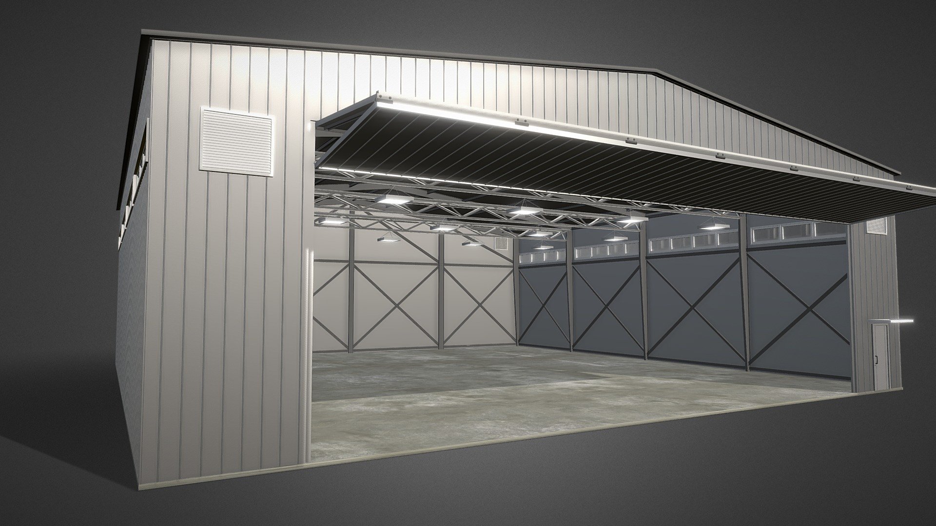 It is HQ Hangar with sliding gates.
Al details most authentically.
Low poly but looks great
You can use this models in your game projects, advertisements and animations 3d model