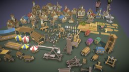 Simple Fantasy Village scene, castle, medieval, cart, market, stall, low-poly, asset, house, fantasy, simple