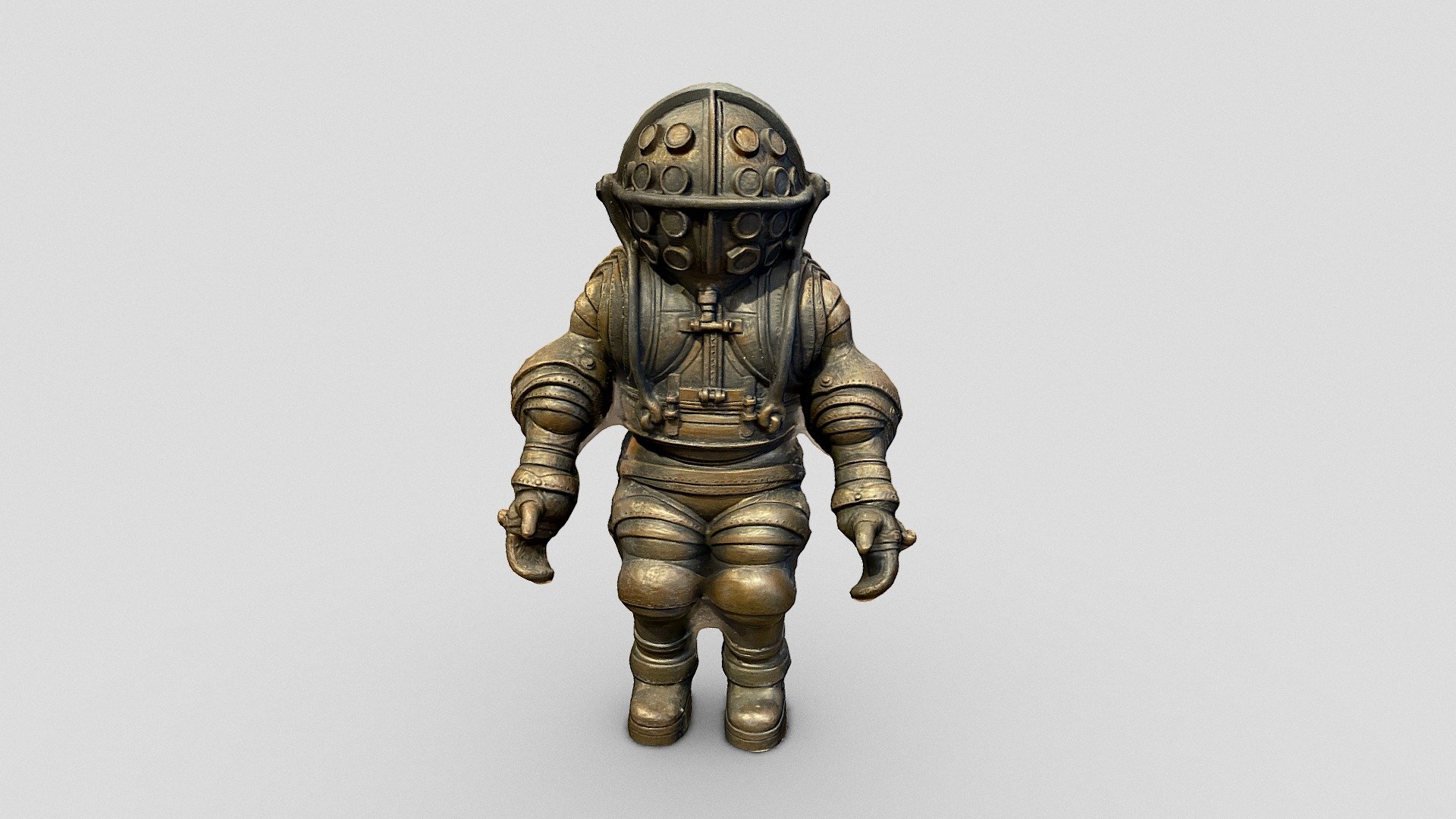 Scanned with Scenario and the iPhone (https://apps.apple.com/us/app/scenario-play-with-reality/id1590029370) - Capture 3D models, build 3D scenes and connect with other creators, all from your phone.

Early diving suit (1878) by the Carmagnolle brothers. The suit was the first truly anthropomorphic suit design to be constructed.

Two French inventors, brothers Alphonse and Theodore Carmagnolle of Marseille, France, were granted a patent for an armored diving dress in 1882 (Filed 1878). The 22 joints were made of partial sections of concentric spheres formed to create a close fit.

This is a 5 inch model&hellip;
Mixamo animation: https://skfb.ly/ooJYo

Please feel free to follow my collections of daily scans (link) as well as my scans in San Francisco, Paris, or in the catacombs (link). Follow me on Twitter

 - Day 196: Early diving suit (1878) - 1scanaday - Download Free 3D model by Emm (@edemaistre) 3d model