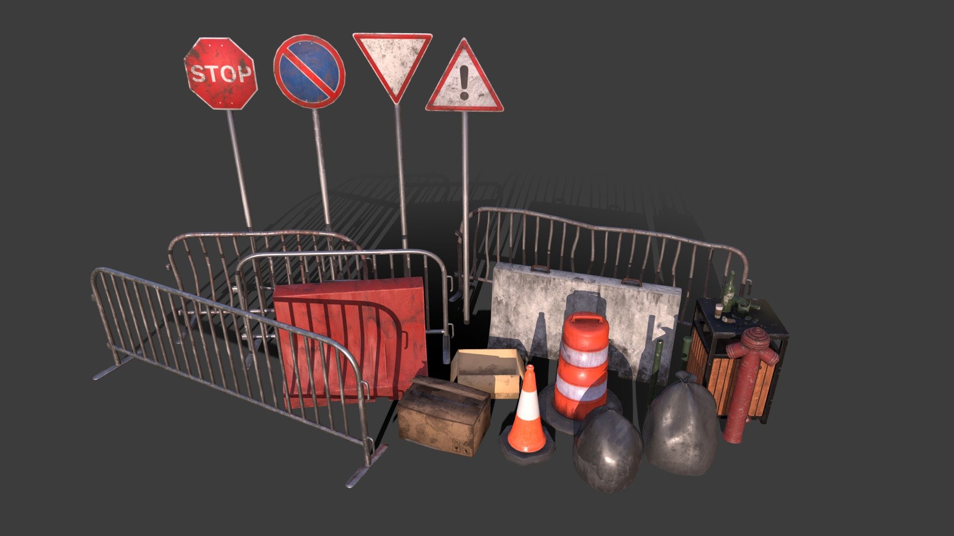 A free pack of various street props. Made in Blender and Substance 3D Painter.




4 Traffic signs - 2k 

4 Metal barriers - 2k

2 Barriers, 1 Concrete 1 Plastic - 2k

1 Traffic drum - 2k

1 Traffic cone - 1k

2 Cardboard boxes - 2k

2 Trashbags - 1k

2 Glass bottles with shards - 1k

2 Papercups - 1k

1 Fire hydrant - 2k

1 Trashbin - 2k

2 Metal poles - 1k
 - Street Asset Pack - Download Free 3D model by vmatthew 3d model