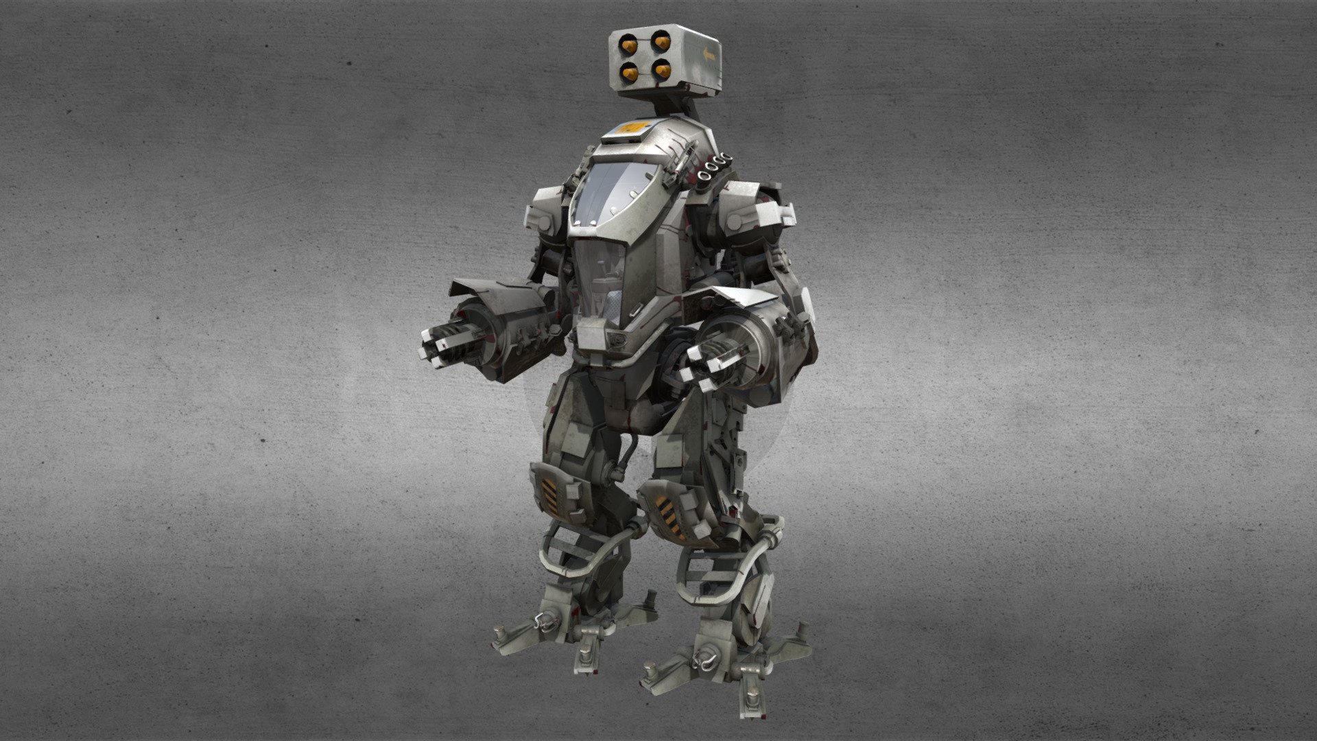 A sci-fi mech robot&hellip; use it to defend your base or to attack your enemies.

Features:




Approx 146,496 polygons.

Made entirely with 3 and 4 point polygons.

Arms, hands, legs, and feet are separate parts.

The canopy and missile rack are separate parts.

Textures:




The model is UV mapped.

One set of texture, specular, and normal bump maps, at 4096x4096 pixels.

Model created by Moscowich80 and sold here with permission 3d model