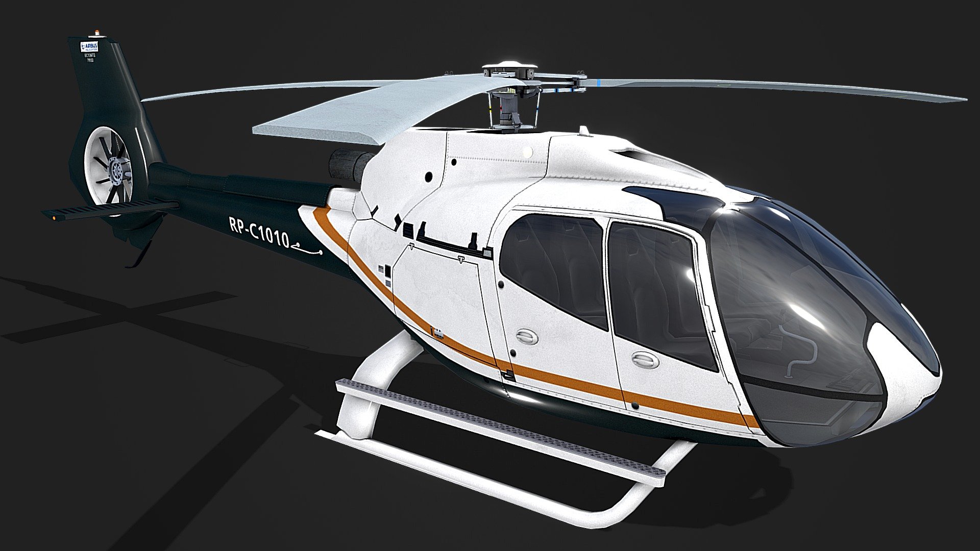 Realtime optimized, low poly Airbus Helicopter H130 with a generic livery. Included are 4 manually preconfigured levels of detail. LOD0 as the HQ version of the helicopter is the main asset. All other LOD were made on a purely voluntary and unsolicited basis, it´s on you if you use them or not. Triangle counts are for LOD0 19710 tris, LOD1 10462 tris, LOD2 7388 tris, LOD3 5990 tris. Included are both PBR workflows ready textures in native 4096x4096 px for main parts: body/fuselage, rotors and interior. LOD3 has lower sized textures for rotors with alpha channel. Interior is a simple capsule built object that however fits perfectly the body and can be overworked and improved if needed. This livery is interchangeable with others from the Airbus H130 collection, and shares the same basic PBR textures. View the complete Low Poly Airbus H130 Helicopter collection here: https://skfb.ly/oRKXZ - Low Poly Airbus H130 - Generic Livery 38 - Buy Royalty Free 3D model by cgamp 3d model