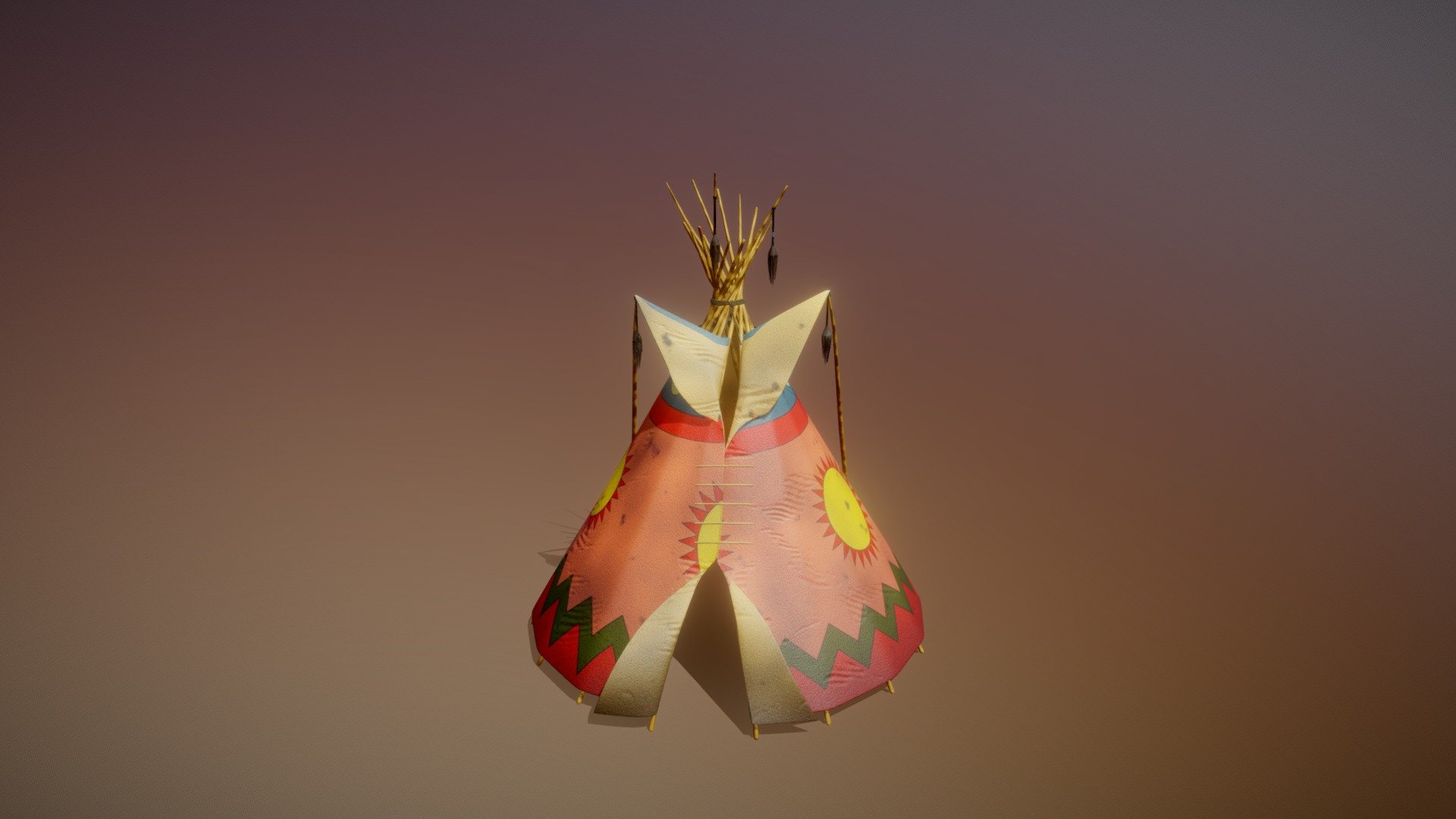 3D model of a tipi tent, with four different cover patterns included.
Created in Blender. 
Whole model is textured, with fully unwrapped UVs. 4096x4096 PNG texture maps are provided (color, roughness, normal). Four separate color maps can be used to display desired pattern.
Model consists of 61965 faces and 54459 vertices. 
Project also includes original .blend file with unapplied modifiers, non destructive workflow, and separate properly named objects.
Model is carefully shaped with accurate proportions, and it's ideal for photorealistic visualizations 3d model