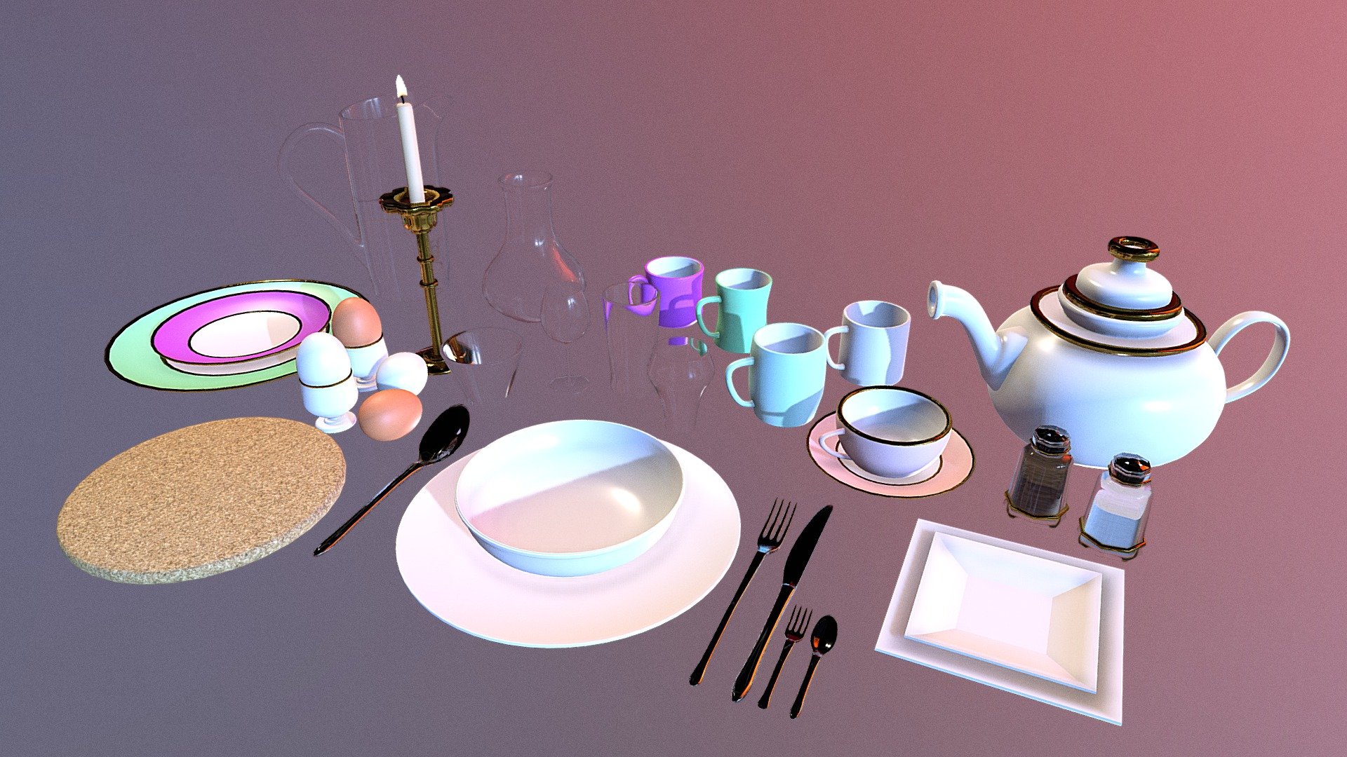 This dinnerware set includes a total of 30 dinner/breakfast/lunch related items of which they are all neatly seperated into their own individual files, and afcourse the scene itself in a .blend file. This set includes the following:

Bowl, Candle with holder, Coaster, A Dining Table, Egg Holder, Egg, Normal Plate, Fancy Plate, Square Plate, Square Plate Big, Saucer, Fork, Knife, Spoon, Small Fork, Small Spoon, Glass Curvy, Glass Long, Glass Short, Mug Normal, Mug Long, Mug Short, Mug Smooth, Tea Cup, Tea Pot, Pepper Shaker, Salt Shaker, Vase, Water Jug, Wine Glass,

Textures: Cork Albedo, Candle Alpha, Pepper, Salt, Gold Albedo, Gold Metallic, Gold Roughness, Gold Height, Gold Normal, Wood Albedo, Wood Roughness, Wood Normal, - Dinnerware Set - Buy Royalty Free 3D model by Harold P. de Boer (@Harold1995) 3d model