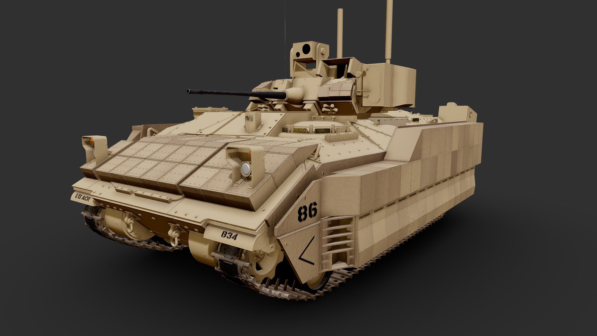 The Bradley Fighting Vehicle (BFV) is a tracked fighting vehicle platform of the United States manufactured by BAE Systems Land &amp; Armaments, formerly United Defense. It is named after U.S. General Omar Bradley.

The Bradley is designed to transport infantry or scouts with armor protection, while providing covering fire to suppress enemy troops and armored vehicles. The several Bradley variants include the M2 Bradley infantry fighting vehicle and the M3 Bradley cavalry fighting vehicle. The M2 holds a crew of three (a commander, a gunner, and a driver) along with six fully equipped soldiers. The M3 mainly conducts scout missions and carries two scout troopers in addition to the regular crew of three, with space for additional BGM-71 TOW missiles.

In 2014, the U.S. Army selected BAE Systems Armored Multi-Purpose Vehicle (AMPV) proposal of a turretless variant of the BFV to replace over 2800 M113s in service 3d model