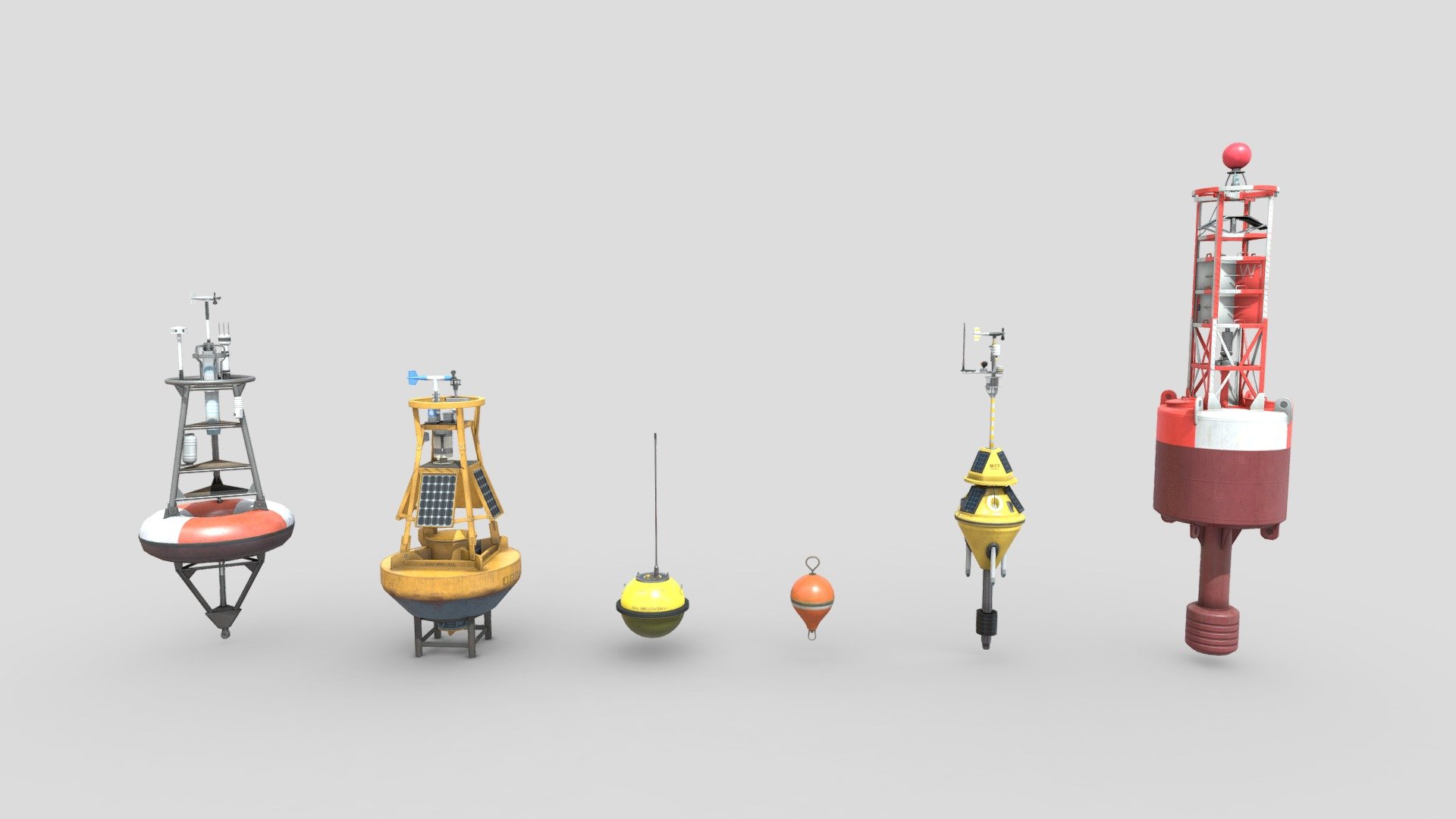 PBR 3D models collection of various types of buoys.

There are 6 low-poly 3D models inside this pack.

Each 3D model has its own collection of PBR textures (Albedo, Metallic, Roughness, Normal, AO).  

Collection includes:


TAO Weather Data Buoy - 4096 Texture Set, 3265 Triangles, 3366 Vertices 
Weather Buoy - 4096 Texture Set, 4478 Triangles, 5058 Vertices  
Wave Measurement Buoy - 4096 PBR Texture Set, 2928 Triangles, 2133 Vertices 
Mooring Buoy - 4096 Texture Set, 1490 Triangles, 1023 Vertices 
Weather Data Buoy - 4096 Texture Set, 4672 Triangles, 4752 Vertices  
Navigation Buoy - 4096 Main &amp; 256 Alpha PBR texture Set, 5728 Triangles, 5660 Vertices  
Lot of additional file formats included (Blender, Unity, Maya etc.)   

More file formats are available in additional zip file on product page.

Please feel free to contact me if you have any questions or need any support for this asset.

Support e-mail: support@rescue3d.com - 6 PBR Buoys Collection - Buy Royalty Free 3D model by Rescue3D Assets (@rescue3d) 3d model