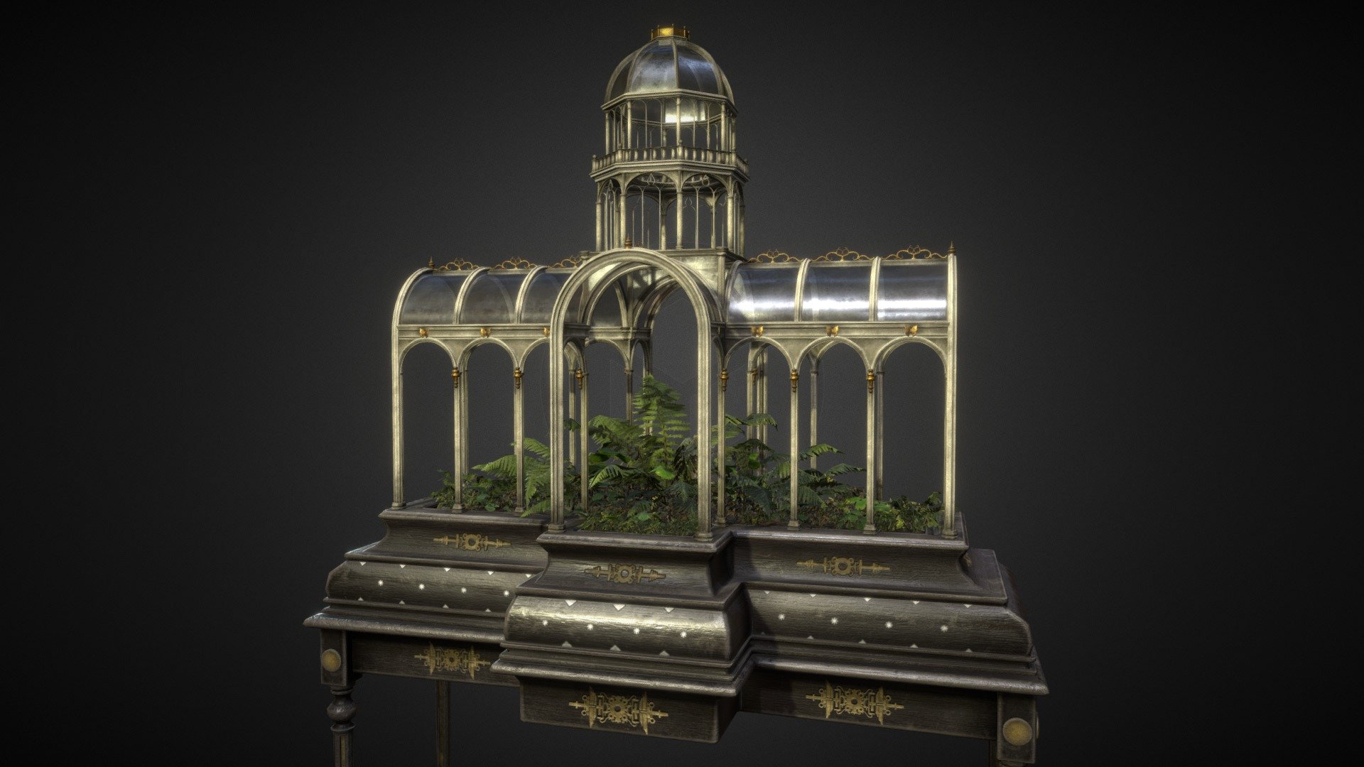 Story

This lovely Green House-inspired terrarium was created in 1869. After its original owner died, It was stored in a warehouse for many years gathering dust. The antique house decoration was recently found and restored, now it’s being auctioned off to the highest bidder.

Process

This is a game-res model created in Maya with a high-res normal map baked in substance painter. The materials were made using a PBR workflow to create the textures and all other maps present within the model.

Programs Utilized

Modeled in Maya

Textured in Substance Painter and Substance Designer

-Stencils made in Photoshop

Credit

Mauricio Guerra Perdomo: Models and materials

Textures.com: Fern textures and maps - Green House Terrarium - 3D model by Mauricio Perdomo (@MauricioPerdomo) 3d model