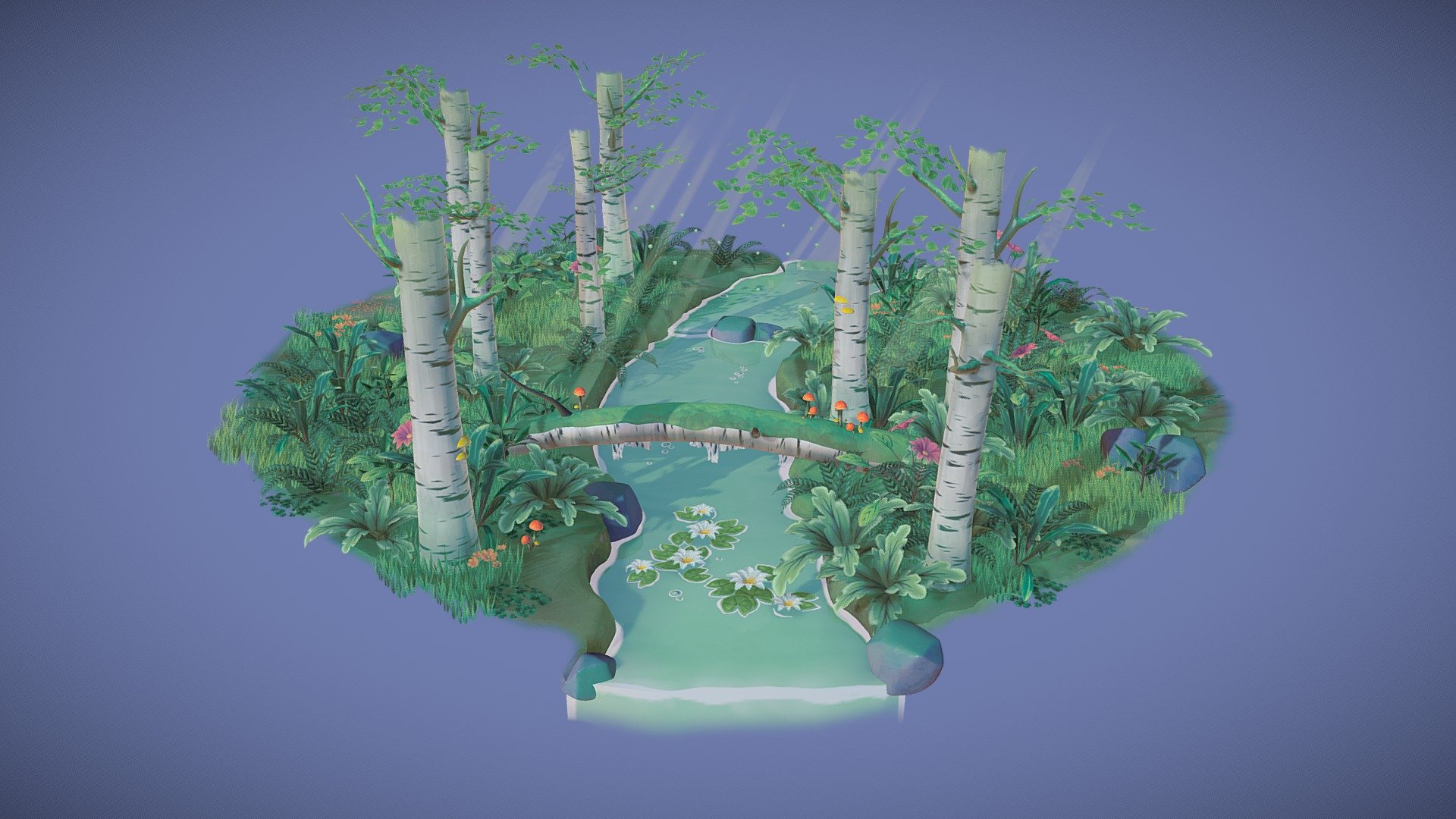 This project started to create hand painted foliage and it turned into a forest! I was inspired by the color palettes used in Ghibli concepts 3d model