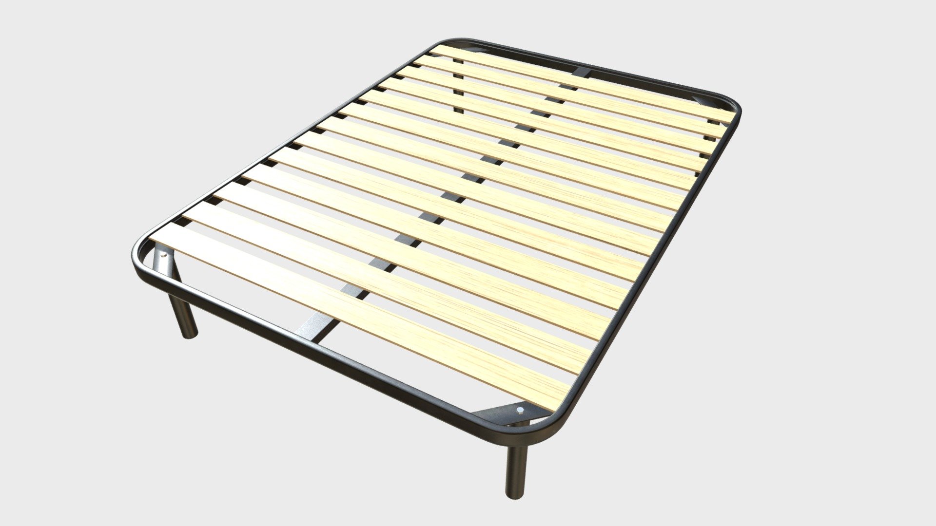 === The following description refers to the additional ZIP package provided with this model ===

Full size bed frame with small slats 3D Model. Production-ready 3D Model, with PBR materials, textures, non overlapping UV Layout map provided in the package.

Quads only geometries (no tris/ngons).

Formats included: FBX, OBJ; scenes: BLEND (with Cycles / Eevee PBR Materials and Textures); other: 16-bit PNGs with Alpha.

1 Object (mesh), 1 PBR Material, UV unwrapped (non overlapping UV Layout map provided in the package); UV-mapped Textures.

UV Layout maps and Image Textures resolutions: 2048x2048; PBR Textures made with Substance Painter.

Polygonal, QUADS ONLY (no tris/ngons); 11512 vertices, 11476 quad faces (22952 tris).

Real world dimensions; scene scale units: cm in Blender 3.3 (that is: Metric with 0.01 scale).

Uniform scale object (scale applied in Blender 3.3) 3d model