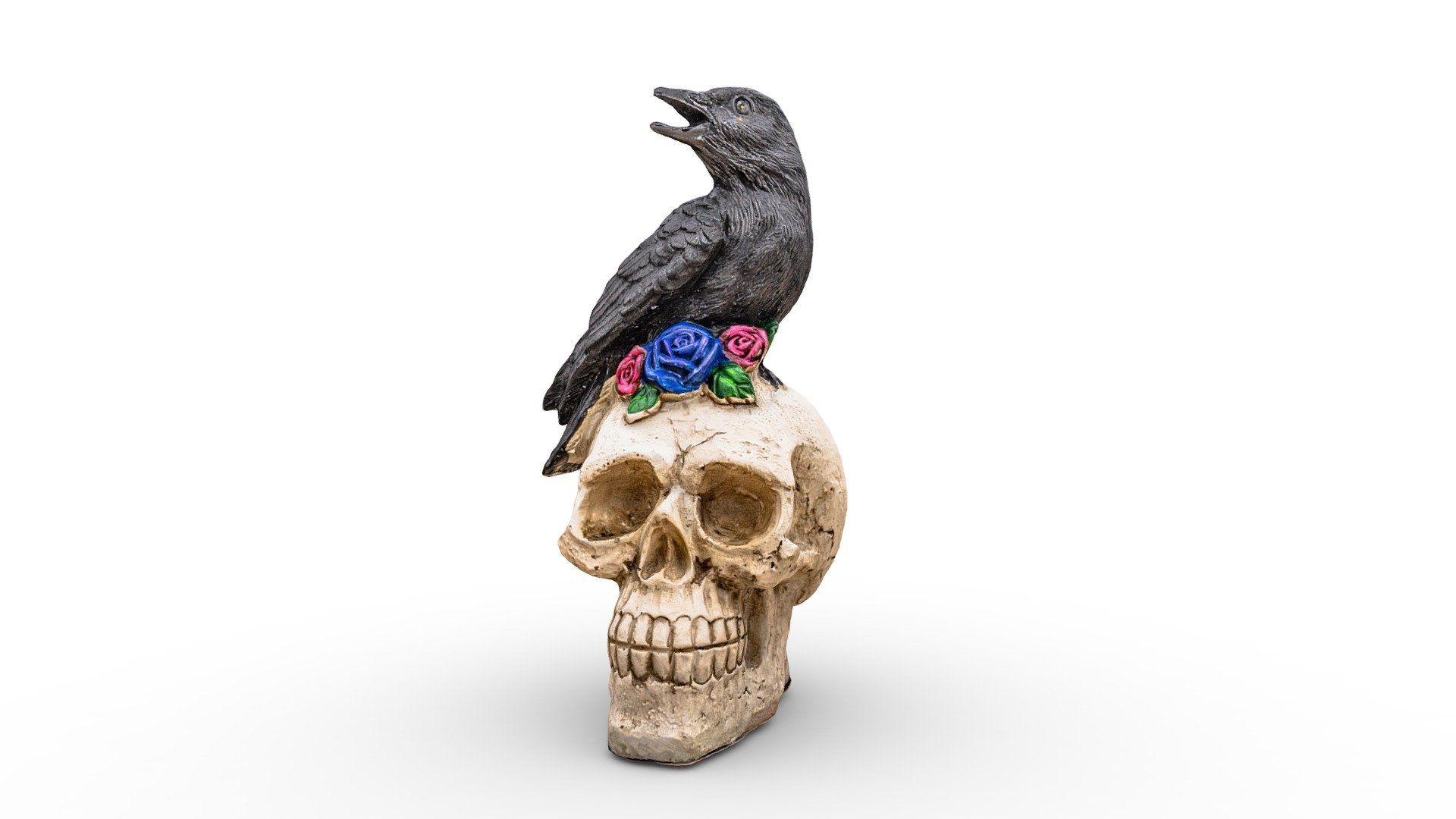 Photogrammetry digitization of a decoration representing a raven on a skull with some coloured roses. 109 photos processed on medium quality 3d model