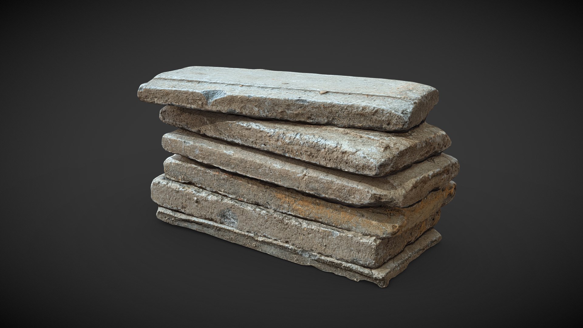 3D scan of six thin grey partially ruined bricks asymmetrically stacked on top of each other.

Reconstructed from 71 DSLR images in reality capture.

8K texture, 8k normal 3d model