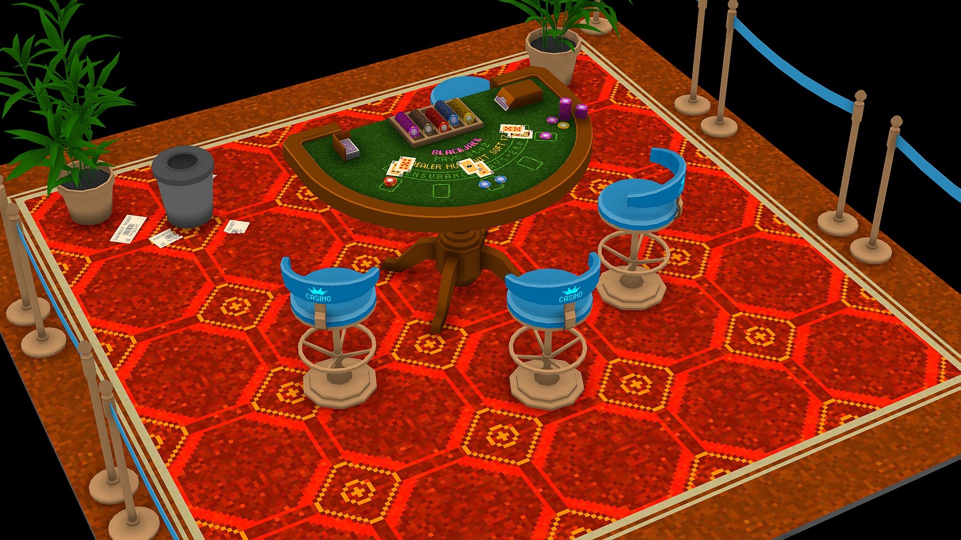 Casino interior is a highly optimized asset for any VR, AR projects, games, mobile games, presentations, animations and more.

Thanks to ideal low-poly models with optimal lightmaps UVs and minimal pixel textures, it can work on any modern mobile devices.

One main texture makes it easy to change the color solution of the entire interior.

More advanced models:
Casino asset on Unreal Engine Marketplace and Unity Asset Store - Casino BlackJack - 3D model by Daniil Demchenko (@daniildemchenko) 3d model