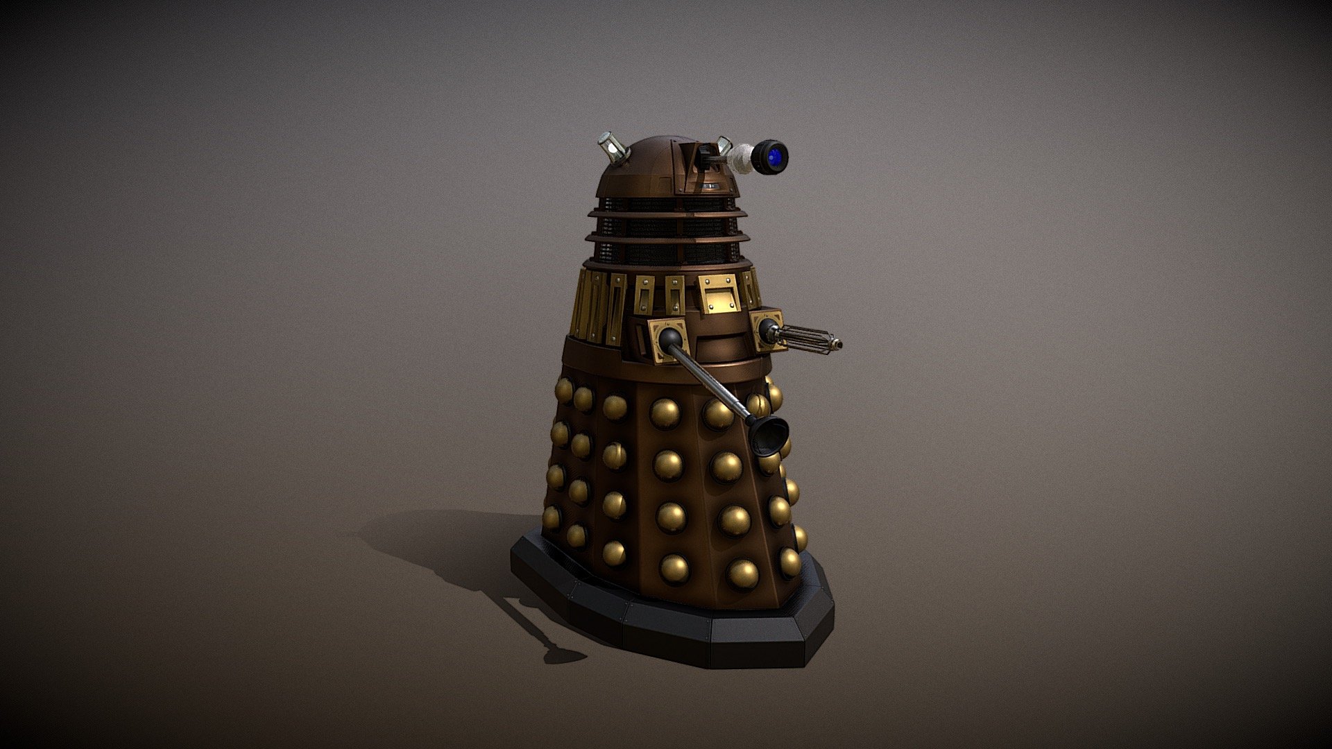 NOT PRESENTED AS GAME READY

Updated new series Dalek.  

I have attempted rigging for the first time!  After many youtube tutorials I have somehow managed to get the head, eye stalk, shoulders, plunger arm and gun to be positionable.  

Hope you all like it.

I may update the rest of the daleks over time 3d model