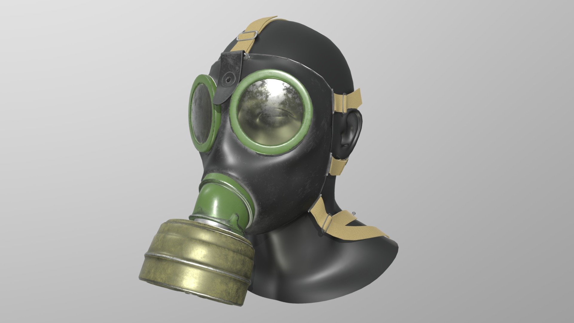 German gas mask of ww2 period.
Only exterior modeled.

Update: reduced tri-count from ~30k to ~14k, decreased size of the cheekbones, tried texturing in Substance, still looks like shit.

Head mesh by Alexander Antipov (~15k tris).

Modeled in Blender, textured in Substance Painter 3d model
