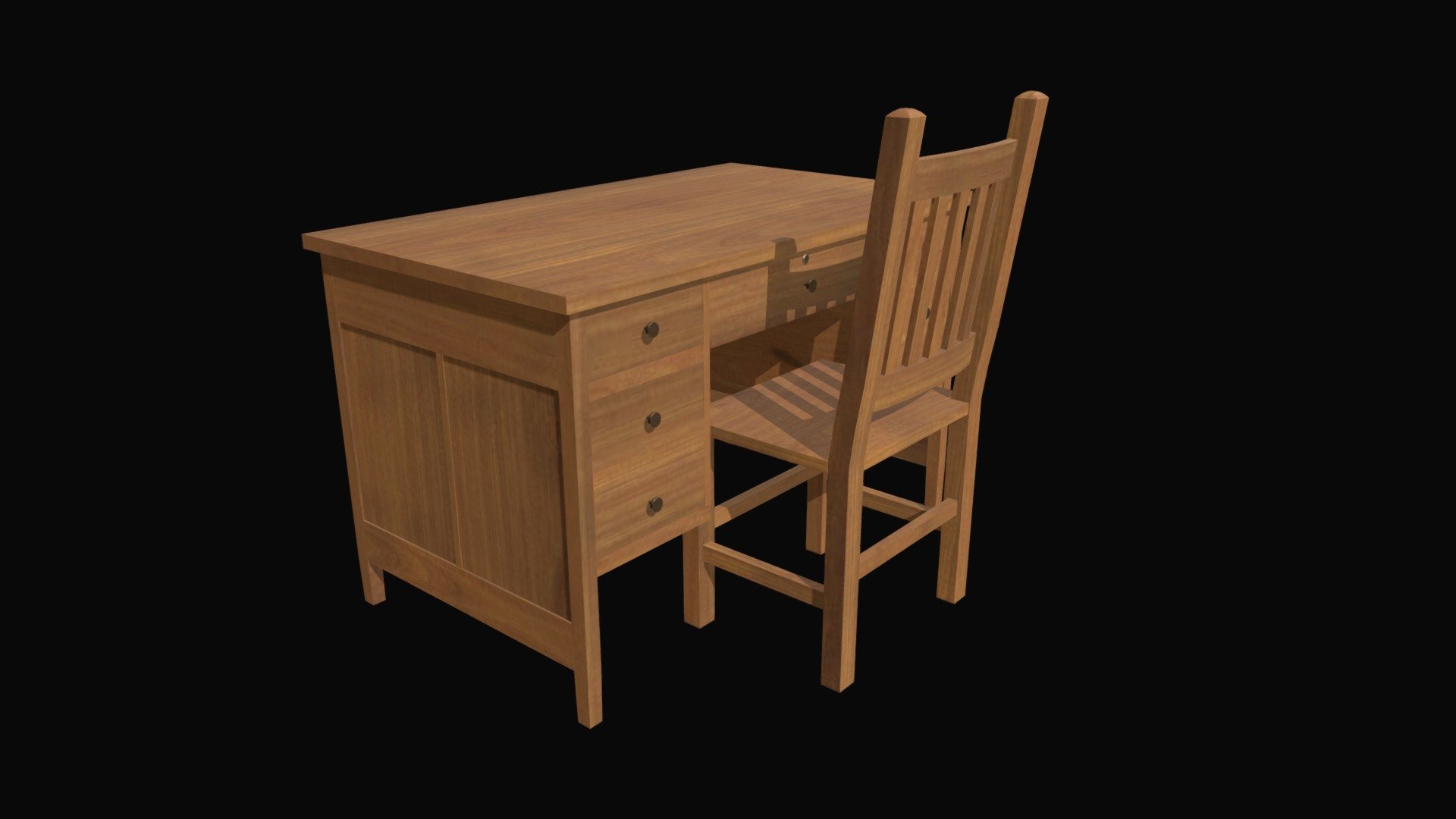 === The following description refers to the additional ZIP package provided with this model ===

Teacher desk 3D Model, nr. 3 in my collection. 9 individual objects (chair, frame, drawers; so, you can easily move or even animate them), sharing the same non overlapping UV Layout map, Material and PBR Textures set. Production-ready 3D Model, with PBR materials, textures, non overlapping UV Layout map provided in the package.

Quads only geometries (no tris/ngons).

Formats included: FBX, OBJ; scenes: BLEND (with Cycles / Eevee PBR Materials and Textures); other: png with Alpha.

9 Objects (meshes), 1 PBR Material, UV unwrapped (non overlapping UV Layout map provided in the package); UV-mapped Textures.

UV Layout maps and Image Textures resolutions: 2048x2048; PBR Textures made with Substance Painter.

Polygonal, QUADS ONLY (no tris/ngons); 40956 vertices, 40582 quad faces (81164 tris).

Real world dimensions; scene scale units: cm in Blender 3.1 (that is: Metric with 0.01 scale) 3d model