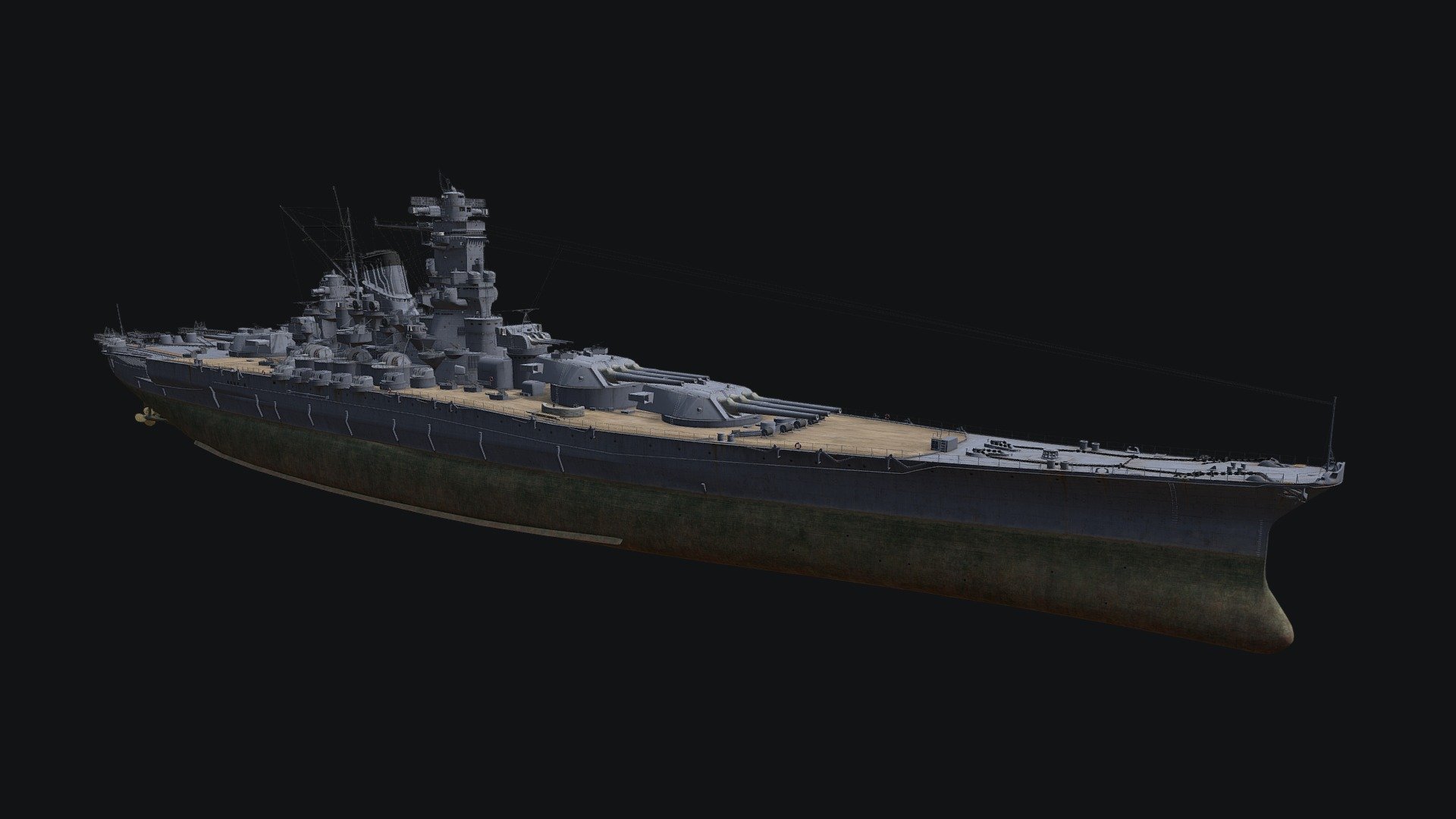This model was developed by Wargaming for their popular game ‘World of Warships’. Play World of Warships now to send these ships into battle!

Use the following link to start playing!

https://worldofwarships.com/

Yamato — Japanese Tier X battleship.

The biggest warship of World War II and the world's largest battleship. Yamato was designed around the idea that an individual ship could have superiority over any battleship of a potential enemy. Her main guns had overwhelming firepower. The ship maintained a very high level of survivability due to reliable armor and robust torpedo protection. Yamato’s AA capabilities were highly efficient due to carrying numerous AA artillery guns 3d model