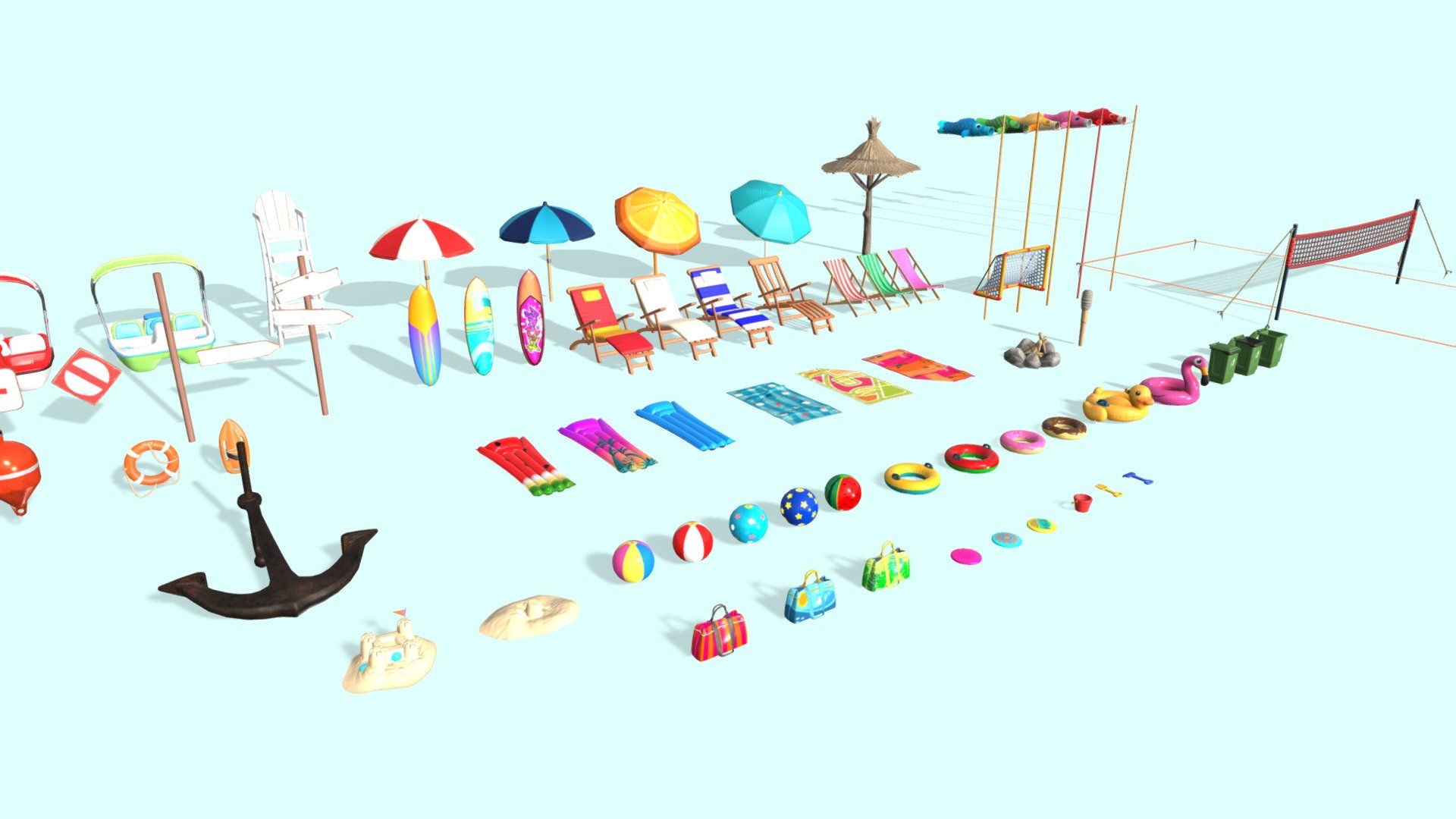 Environment and buildings from the KEKOS Tropical Beach package.

Ready to import in your preferred videogame engine or 3D software.

MODELS INCLUDED (with color variations):

Duck floater, Flamingo floater, 2 Classic floaters, 2 Donut floaters, 4 Parasols, 3 Surfboards, Straw parasol, Bucket, Shovel and Rake, 3 Towels, Volleynet, Soccer goal, 3 Pedal boats, 3 Pool mat, 3 Beach bags, 5 Beachballs, 3 Chairs, 3 Deckchairs, 5 Fish kites, 3 Frisbees, 2 Buoys, Lifesaver classic, Lifesaver rescue, Lifeguard chair, 2 Sandcastle, Anchor, Bonfire, 5 Signs and pole, Torch, Trashbin.

FORMAT:

FBX

POLYGON COUNT:

MIN~400 triangles (for small assets) / MAX~6k triangles (for complex assets like pedal boat).

TEXTURES:

PBR Textures: Diffuse + Normal map + Metallic (R) / Smoothness (A) / Ambient Oclussion (G) + Emissive (for some assets)

Size: 2048x2048 or 1024x1024

PNG format - KEKOS Tropical Beach - Props - Buy Royalty Free 3D model by Mameshiba Games (@MameshibaGames) 3d model