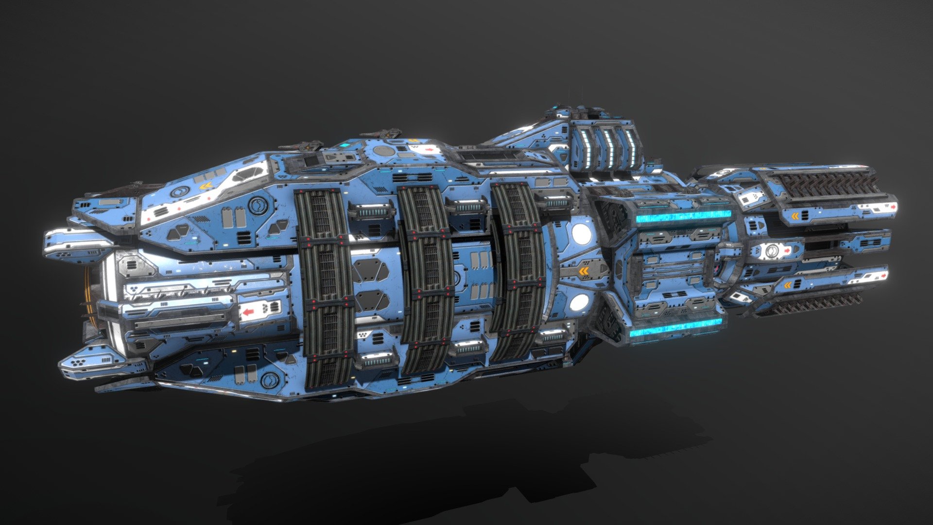 This is a model of a low-poly and game-ready scifi spaceship. 

The weapons are separate meshes and can be animated with a keyframe animation tool. The weapon loadout can be changed as well.

The model comes with several differently colored texture sets. The PSD file with intact layers is included too.

Please note: The textures in the Sketchfab viewer have a reduced resolution to improve Sketchfab loading speed.

If you have purchased this model please make sure to download the “additional file”.  It contains FBX and OBJ meshes, full resolution textures and the source PSDs with intact layers. The meshes are separate and can be animated (e.g. firing animations for gun barrels, rotating turrets, etc) 3d model