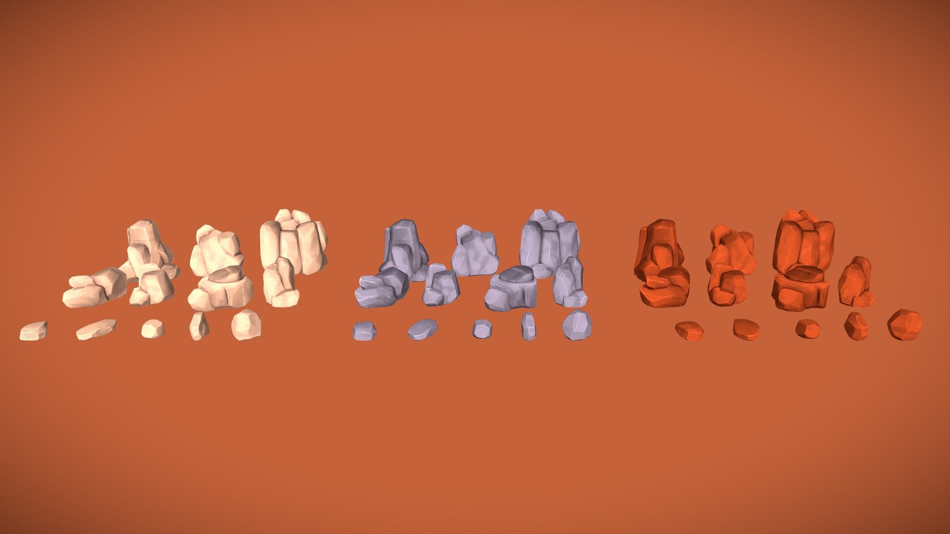 Stylized rocks with a hand painted/ painterly look.

Contains 12 rock meshes with 3 color variations and normal maps ready to use.

CONTENTS:

12 meshes




small rock 1 (103 verts)

small rock 2 (103 verts)

small rock 3 (108 verts)

small rock 4 (97 verts)

small rock 5 (117 verts)

medium rock 1 (165 verts)

medium rock 2 (165 verts)

medium rock 3 (177 verts)

medium rock 4 (177 verts)

big rock 1 (302 verts)

big rock 2 (269 verts)

big rock 3 (330 verts)

8 materials (Unity &amp; Godot)




small rocks x1

medium rocks x4

big rocks x3

32 textures(2048px)




big rocks normals x3

medium rocks normals x4

small rocks normals x1

big rocks albedo (grey, desert, sand) x9

medium rocks albedo (grey, desert, sand) x12

small rocks albedo (grey, desert, sand) x3

Included packages:




fbx

glb

unity

godot

blend

textures
 - Adventurous - Rocks & Stones - Buy Royalty Free 3D model by silverdelivery 3d model
