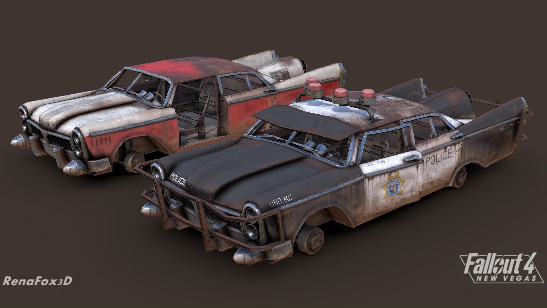 A re-imagining of the police car from Fallout New Vegas, made for Fallout 4: New Vegas, I made it a four-door car, and combined it with a few other cars from Fallout 3's concept art.

Made with 3DSMax and Substance Painter - F4NV Police Car - 3D model by Renafox (@kryik1023) 3d model