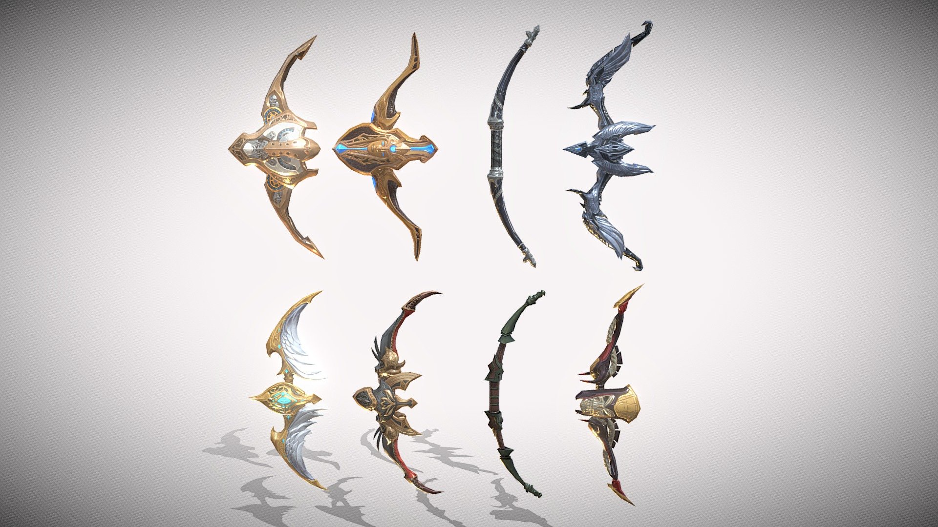 A collection of eight epic battle bows.




Model: about 600 triangles por model.

Mats: diffuse, normal, occlusion and metallic.

Res: 2048 x 2048.

No rig, strings or arrows.
 - Battle Bows - Buy Royalty Free 3D model by Jacob Shearston (@JacobShearston) 3d model