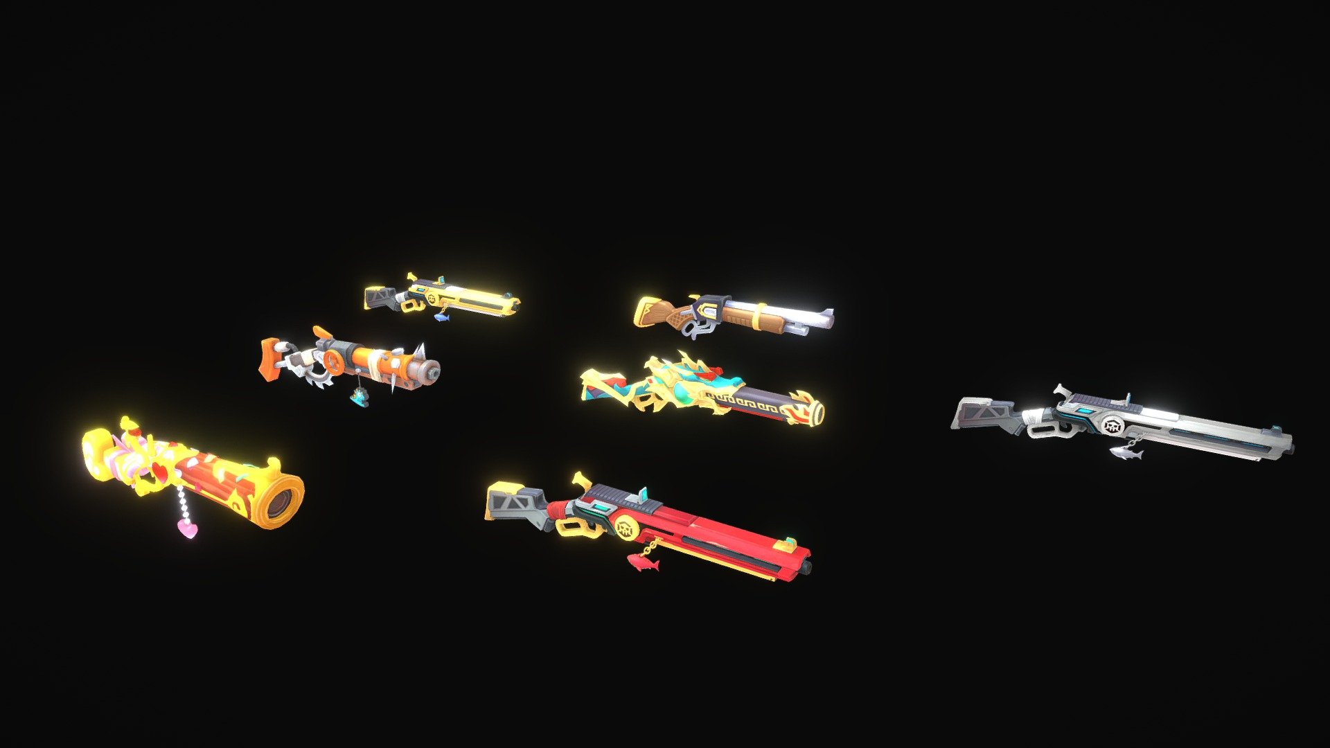 Set of seven low poly Shotguns with styles cartoon futur. with differents level color All models use the same texture and material, Blender, Substance Painter 3d model