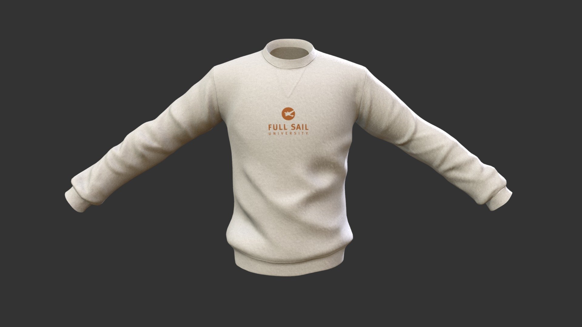 My sweatshirt folds and seams were inspired by a Fleece Crew-Neck Sweatshirt I found on Amazon, but for the textures, I made it look like the Full Sail Sweatshirt that I have at home 3d model