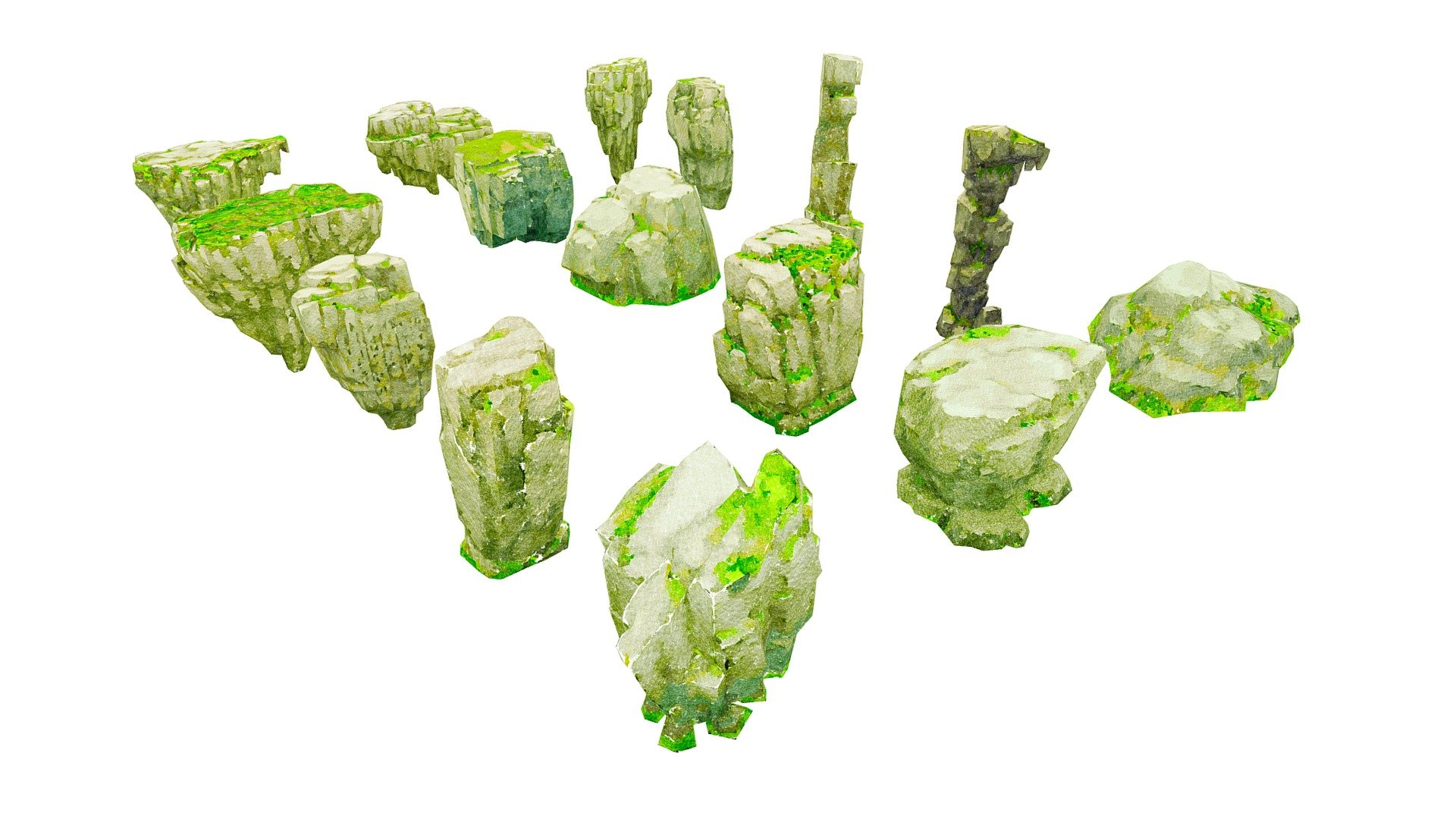 A package of low polygonal Rocks.The package contains 15 objects

Rock 1: 976 Poly, 885 Vert
Rock 2: 1393 Poly, 1009 Vert
Rock 3: 517 Poly, 431 Vert
Rock 4: 281 Poly, 245 Vert
Rock 5: 347 Poly, 311 Vert
Rock 6: 233 Poly, 204 Vert
Rock 7: 457 Poly, 378 Vert
Rock 8: 159 Poly, 142 Vert
Rock 9: 700 Poly, 502 Vert
Rock 10: 1285 Poly, 1044 Vert
Rock 11: 102 Poly, 101 Vert
Rock 12: 719 Poly, 414 Vert
Rock 13: 331 Poly, 202 Vert
Rock 14: 440 Poly, 323 Vert
Rock 15: 609 Poly, 545 Vert




Only Textures Diffus duplicated in resolution 1024 x 512. Format textures of PNG. Files include: 3Dsmax, 3Ds, Obj, Fbx and folder with textures. Ready import to game project (Unity, Unreal)
If there is a need for any type of model, send a message! We will provide. 
Thanks for your interest and love! 



Note: Watercolor style illustrations 
It is recommended to use flat lighting or shaderless material - Rock Illustration Collection Part 3 - 3D model by josluat91 3d model