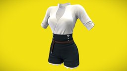 Female High Waist Shorts And Shirt Outfit in, white, shirt, high, , fashion, shorts, girls, bottom, clothes, with, summer, realistic, real, casual, belt, womens, outfit, scallop, wear, secretary, edges, denim, wrapped, waist, pbr, low, poly, female, blue, navy, tucked, semi-formal