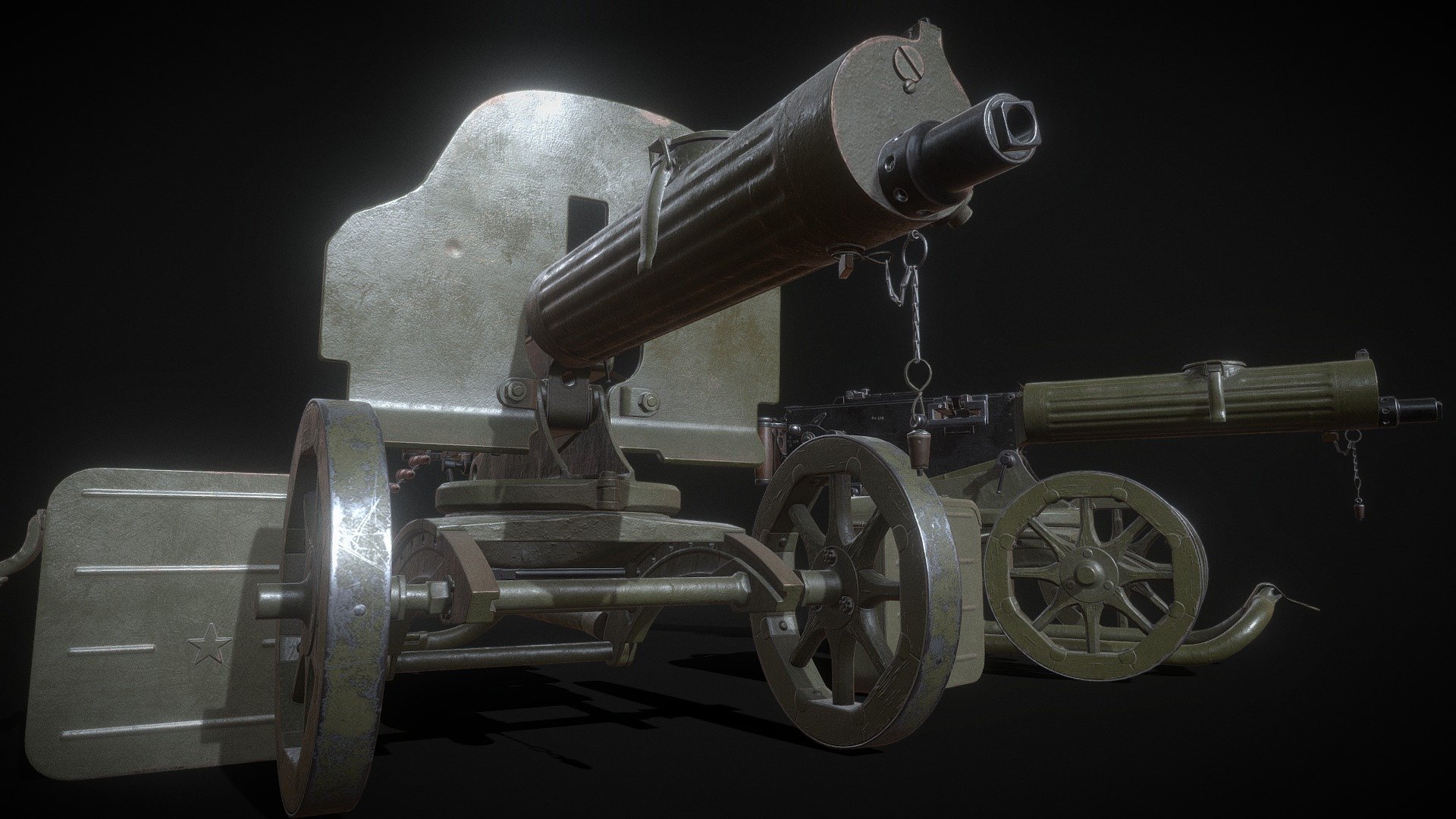 Last modification of Soviet Maxim machine gun model 1910/30 was made in 1941 and added simplified sight scope, new port on top of the water jacket for use snow/ice for cooling and steel ammo belt.

Machinegun - 28,011 tris, 2x2048 textures (body and ammo box, mount)

Ammo belt - 24,332 tris, 512 texture
 - Soviet Maxim machine gun model 1941 - 3D model by Aleksey Kozhemyakin (@aleksey-k) 3d model