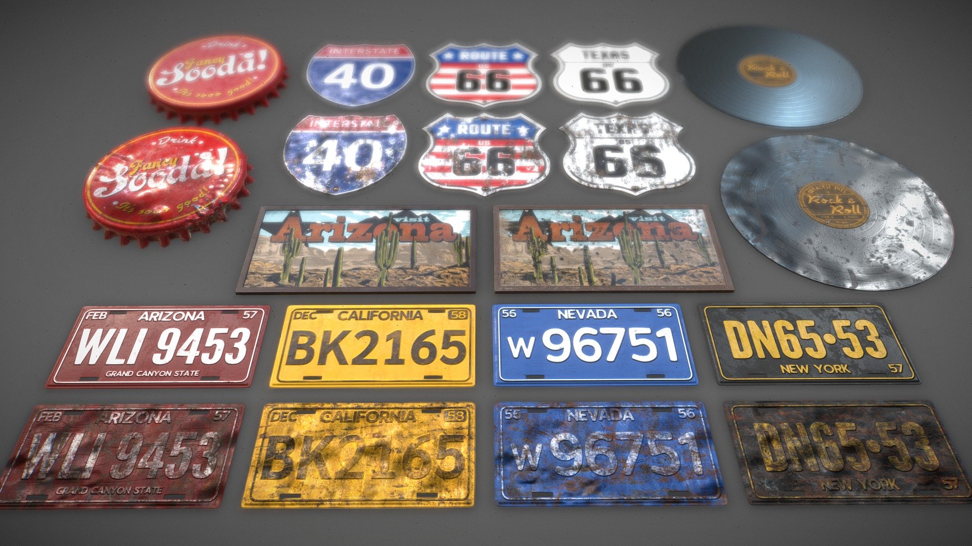 Pack of assets contains different pieces of vintage/old diner wall decorations. 
• Objects are low poly / suitable for gamedev 
• All textures are in 2k resolution: diffuse, metalness (if needed), roughness, normals 
• Decorations comes in 2 color variants ( new / worn )

Pack contains: 
• advertisement on the bottle cap - 2k textures - new/old(worn) |
• interstate road sign - 2k textures - new/old(worn) |
• 2x routue signs - 2k textures - new/old(worn) |
• vinyl disc- 2k textures - new/old(worn) |
• wall retro poster - 2k textures - new/old(worn) |
• 4x vintage car license plates (with random letters &amp; digits) - 2k textures - new/old(worn) - AssetPack: Retro Diner Wall Decorations - Buy Royalty Free 3D model by MarcinGArt (@marcin.gk) 3d model