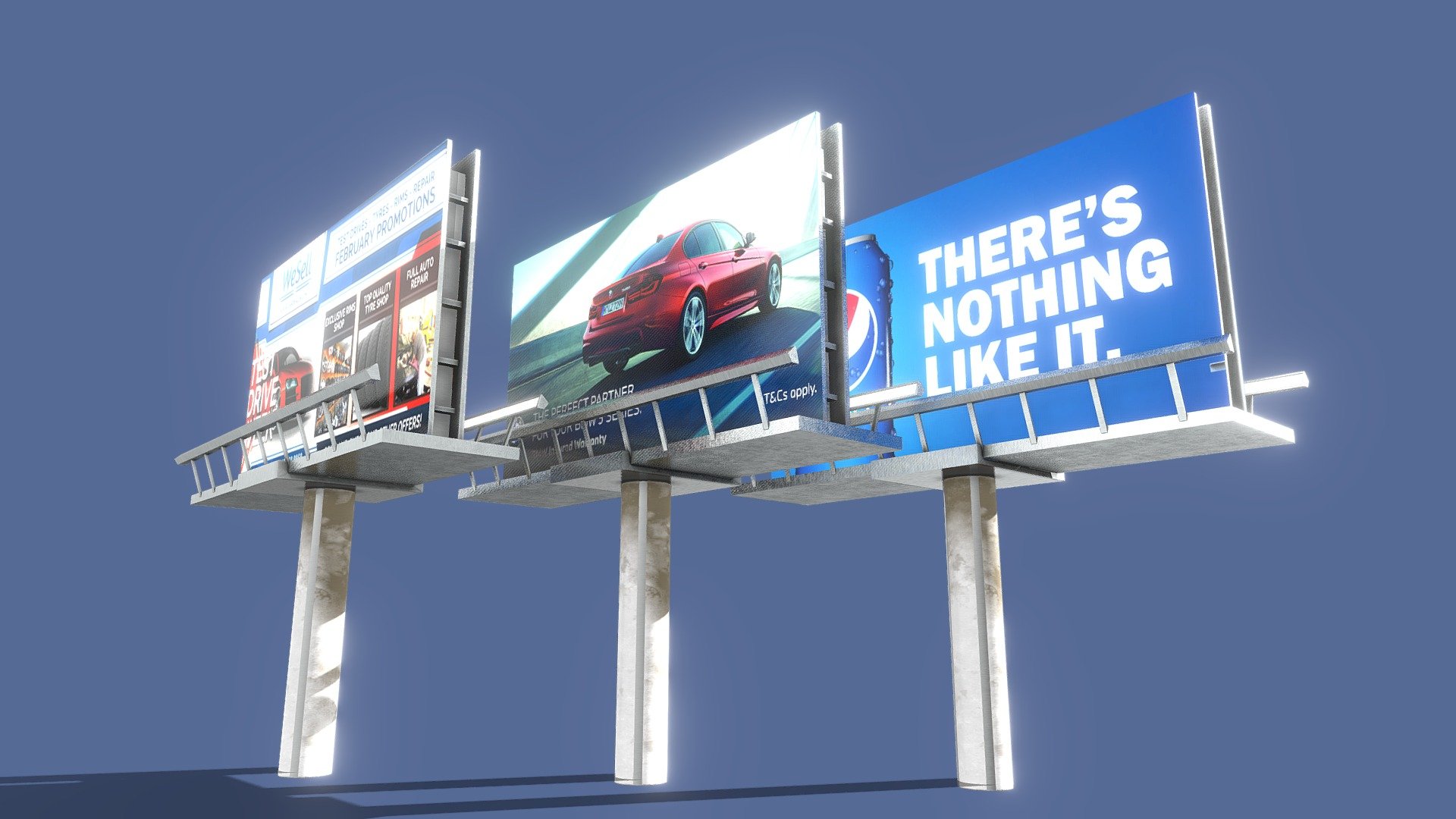 Three low-poly billboards made for an American city.

Modelled in Maya 2022 and textured in Substance 3D painter - Low-poly Billboard Pack - Download Free 3D model by staticcc 3d model