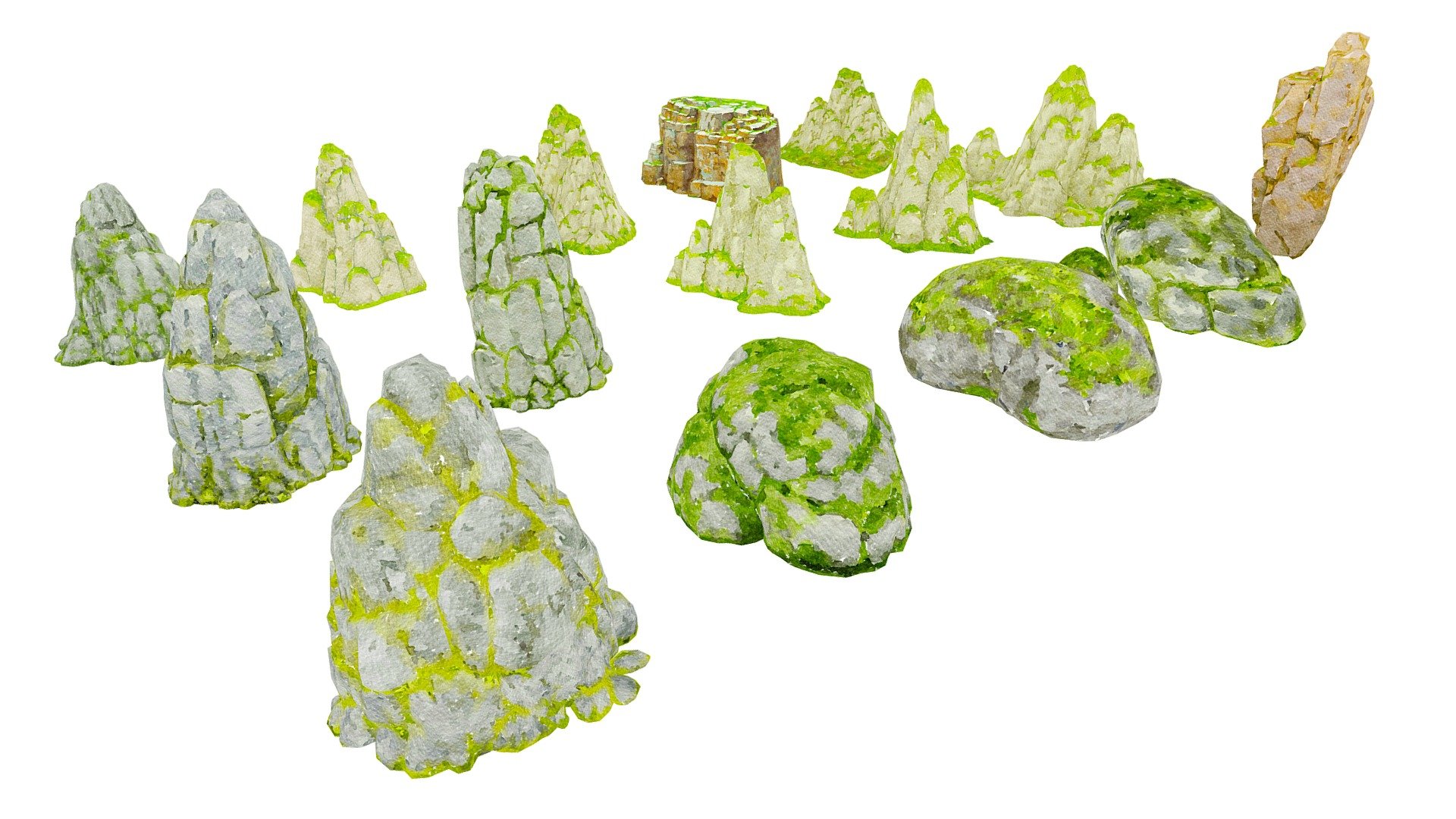 A package of low polygonal Rocks.The package contains 15 objects

Rock 1: 8806 Poly, 4472 Vert
Rock 2: 4997 Poly, 2535 Vert
Rock 3: 4631 Poly, 2373 Vert
Rock 4: 4738 Poly, 2423 Vert
Rock 5: 4802 Poly, 2479 Vert
Rock 6: 4589 Poly, 2365 Vert
Rock 7: 1563 Poly, 1398 Vert
Rock 8: 1263 Poly, 1017 Vert
Rock 9: 1186 Poly, 1147 Vert
Rock 10: 871 Poly, 865 Vert
Rock 11: 403 Poly, 312 Vert
Rock 12: 481 Poly, 328 Vert
Rock 13: 1029 Poly, 902 Vert
Rock 14: 700 Poly, 543 Vert
Rock 15: 476 Poly, 402 Vert




Only Textures Diffus duplicated in resolution 2048 x 2048. Format textures of PNG. Files include: 3Dsmax, 3Ds, Obj, Fbx and folder with textures. Ready import to game project (Unity, Unreal)
If there is a need for any type of model, send a message! We will provide. 
Thanks for your interest and love! 



Note: Watercolor style illustrations 
It is recommended to use flat lighting or shaderless material - Rock Illustration Collection Part 1 - 3D model by josluat91 3d model
