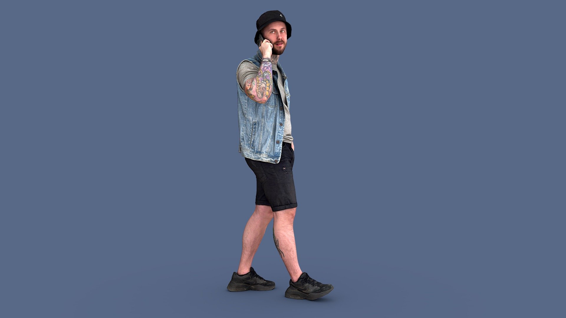 Follow us on Instagram ✌🏼

✉️ A young bearded guy walks and speaks on a mobile phone. He is dressed in black shorts, a gray T-shirt, a denim vest, and a black panama hat, and is wearing metal jewelry and tattoos.

🦾 This model will be an excellent mid-range participant. It does not need to be very close and try to see the details, it reveals and demonstrates its texture as much as possible in case of a certain distance from the foreground.

⚙️ Photorealistic Casual Character 3d model ready for Virtual Reality (VR), Augmented Reality (AR), games and other real-time apps. Suitable for the architectural visualization and another graphical projects. 50 000 polygons per model.

UMRY41 - Dude Talking by Phone - 3D model by kanistra 3d model