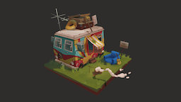 The Camp of the Hippies hippy, combi, hippie, peaceandlove, veahicle, handpainted, low-poly, lowpoly, handpainted-lowpoly