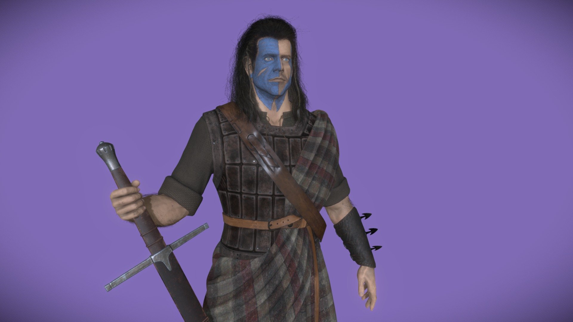 William Wallace.

Metallic Based PBR Workflow 16-Bit PNG RGBA 4K Tex Maps : Base Color / Roughness / Metallic / Ao / Specular / Normal / SSS / Opacity. 

The model was sculpted and retopologized in Blender. Texture Maps were baked and painted in Substance P. / Blender and PS

No subdivisons

&lsquo;'A'' pose is available.

File format: .blend / .fbx / .obj / .dae

9 Materials - 9 UV maps: 
TORSO / ARMS / PLAID / LEGS / SWORD / HEAD / DENTAL / EYES / HAIR.  (I split and increased some material for sketchfab version.)

Overall Tris count : 120,000

*Sword: 5,876 Tris

*Costume: 42,302 Tris

*Head: 12,162 Tris

*Legs and arms : 12,290 Tris

*Eyes: 3,008 Tris

*Tearlines: 540 Tris

*Teeth and tongue: 2,808 Tris

*Hair (of head part): 15,610 Tris

*Brows: 1,537 Tris

*Eyelashes: 1,184 Tris

*Leg and arm hair: 22,683 Tris

Head part has got two kind of texture maps : With war paint and without war paint.

FREEEDOOOOM!!! - William WALLACE - 3D model by Taygun Gencosmanoğlu (@taygungencosman) 3d model