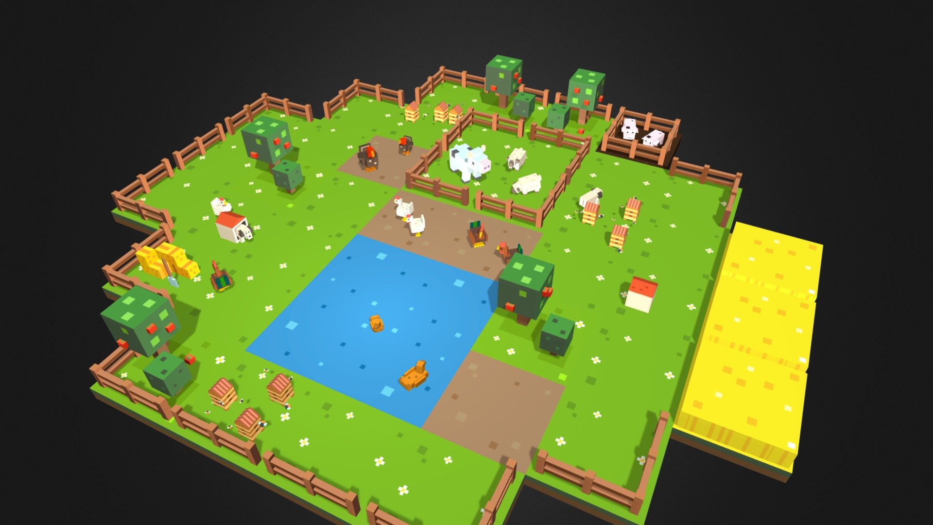 Lowpoly farm animals

**Animations **

chicken, cock, cow, turkey, dog, pig, sheep




Idle

Walk

Eating

Sitting

Hive




Idle

Duck




Idle

Polygons




Duck - 68

Chicken - 170

Cock - 198

Cow - 132

Dog - 162

Hive - 104

Pig - 94

Sheep - 106

Turkey - 164

This pack is also contains




Ground sand

Ground mud

Ground rye

Ground grass

Ground water

Apple tree

Fence

Pitchfork

Texture size - 1024x1024 - png

Enjoy it! - Lowpoly farm animals - Buy Royalty Free 3D model by TheGameAssets 3d model