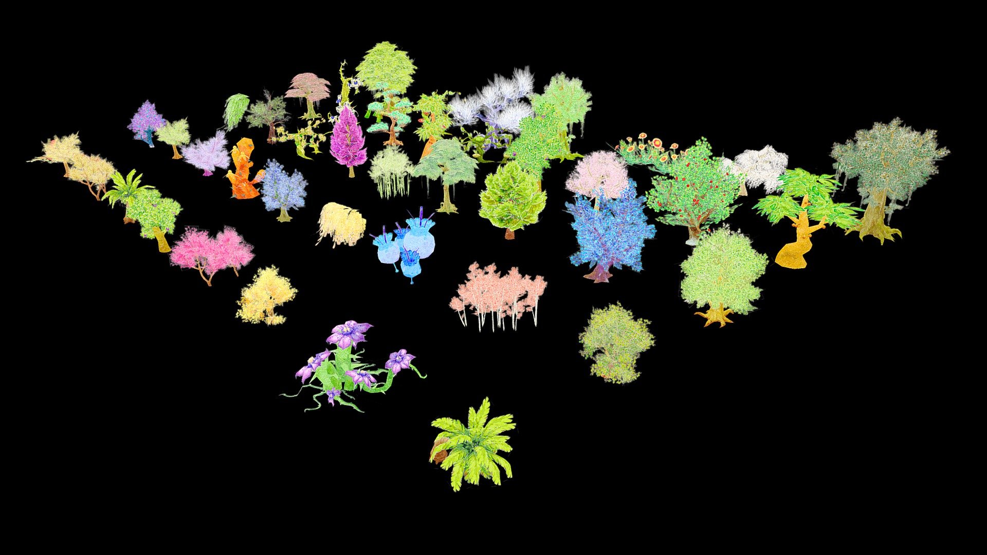 A package of low polygonal plants.The package contains 43 objects. 
Objects are optimized as much as possible. The total polygon is 78920 triangles. 


Triangles: 600 to 5000 
Vertexs: 400 to 4500 
Only Textures Diffus duplicated in resolution 1024 and 512. Format textures of PNG. Files include: 3Dsmax, 3Ds, Obj, Fbx and folder with textures. Ready import to game project (Unity, Unreal) 


If there is a need for any type of model, send a message! We will provide. 
Thanks for your interest and love! 


Note: Watercolor style illustrations 
It is recommended to use flat lighting or shaderless material - Tree Illustration Part 3 - 3D model by josluat91 3d model