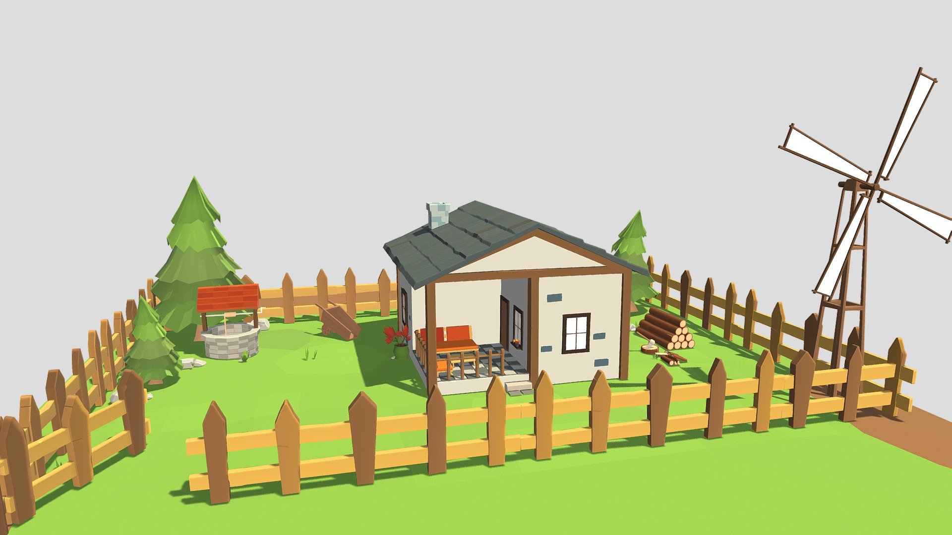 You can freely use each object in this 3d farm model designed as low poly in your independent game projects 3d model