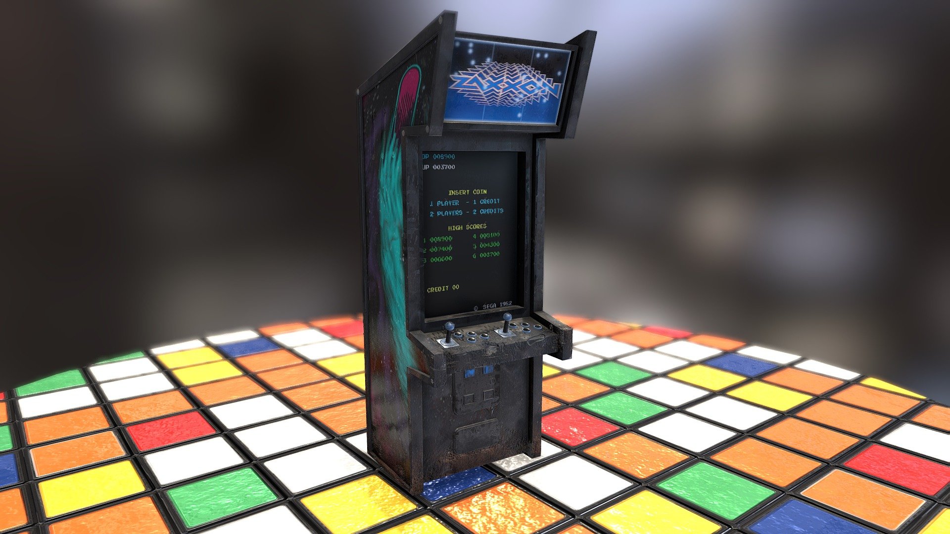 A shabby arcade machine.
Modelled in Blander, textured in Substance painter.
texture  box 2k, paraphernalia 512, floor 2k 
Triangles 3.660

Zaxxon is an isometric scrolling shoot-em-up in which the player pilots an armed spaceship and must penetrate heavily-fortified enemy bases - Zaxxon shabby Arcade Machine - 3D model by aero1515 3d model