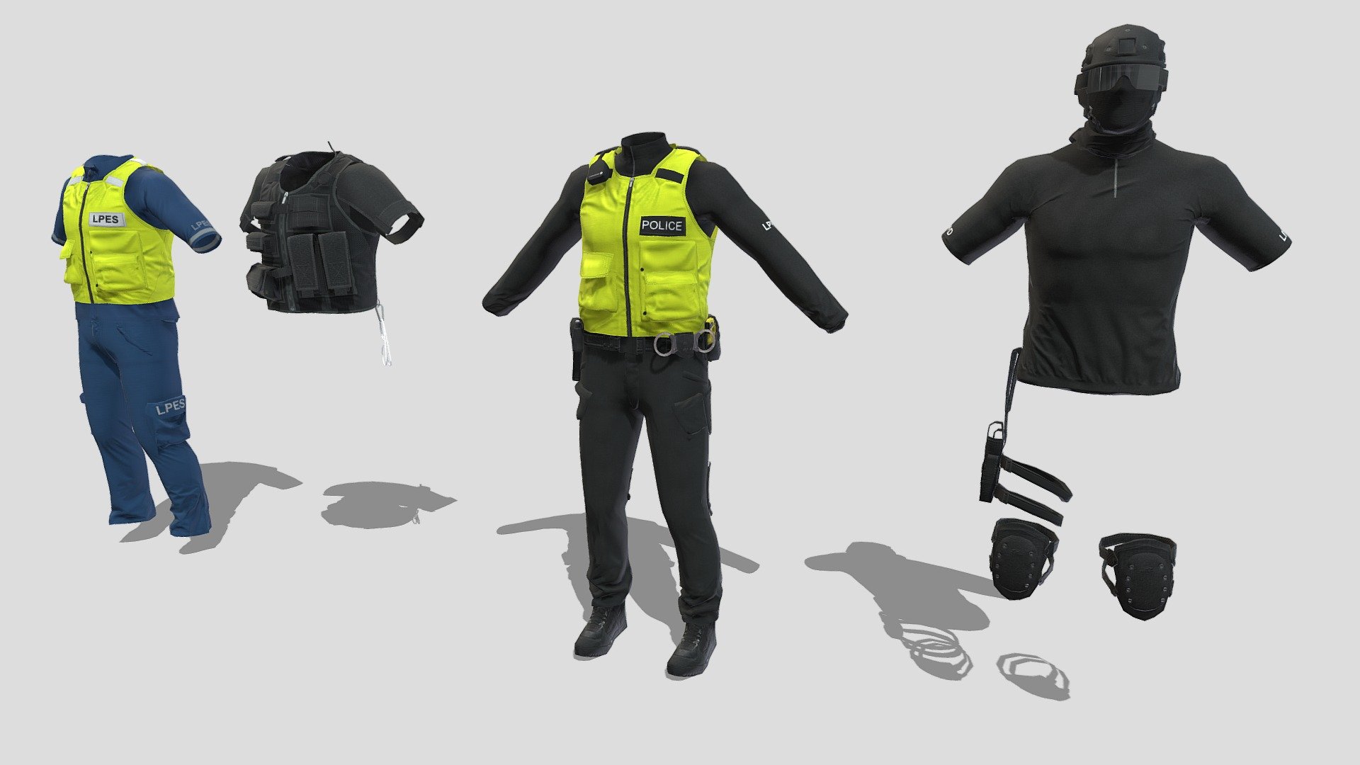 Set of low poly emergency services and police tactical clothing 3d model